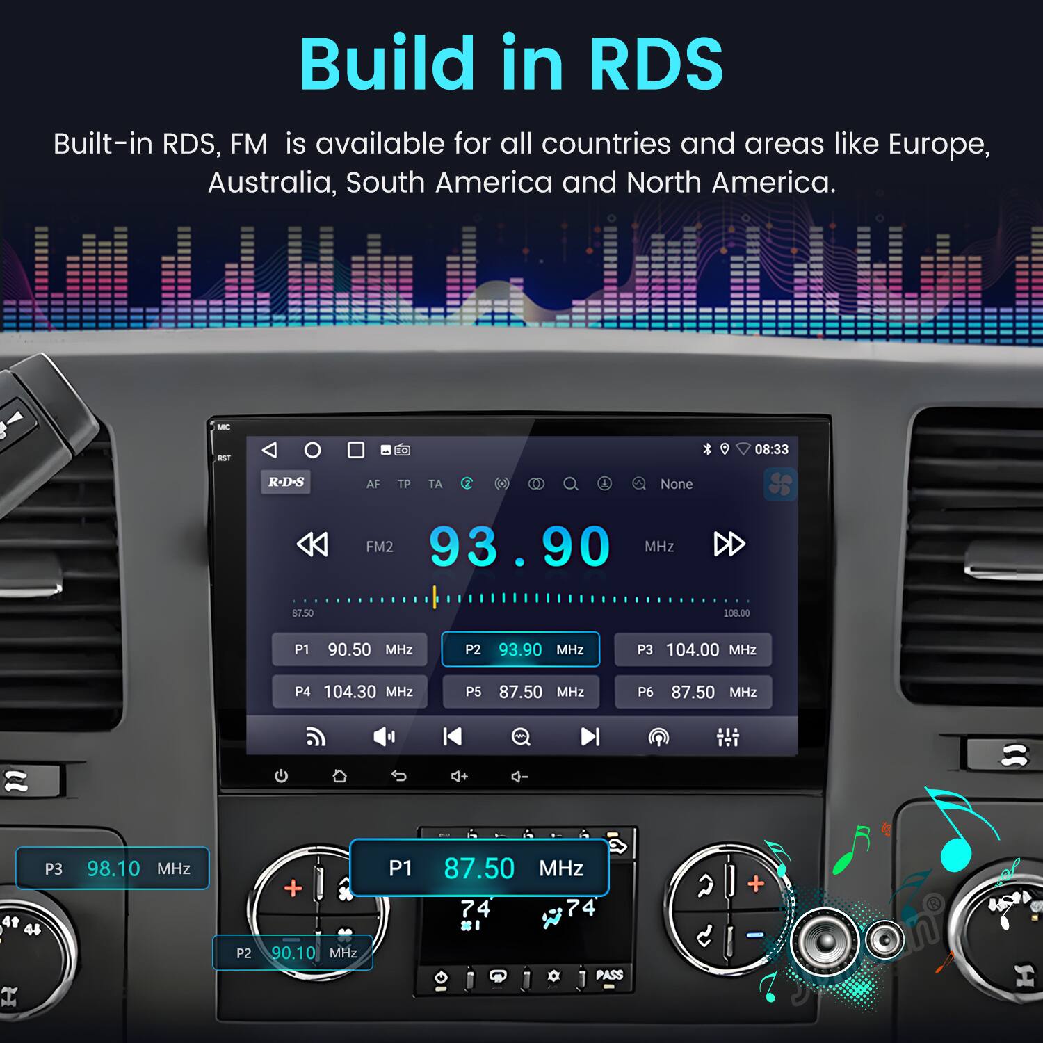 Build in RDS

Built-in RDS, FM is available for all countries and areas like Europe, Australia, South America and North America.