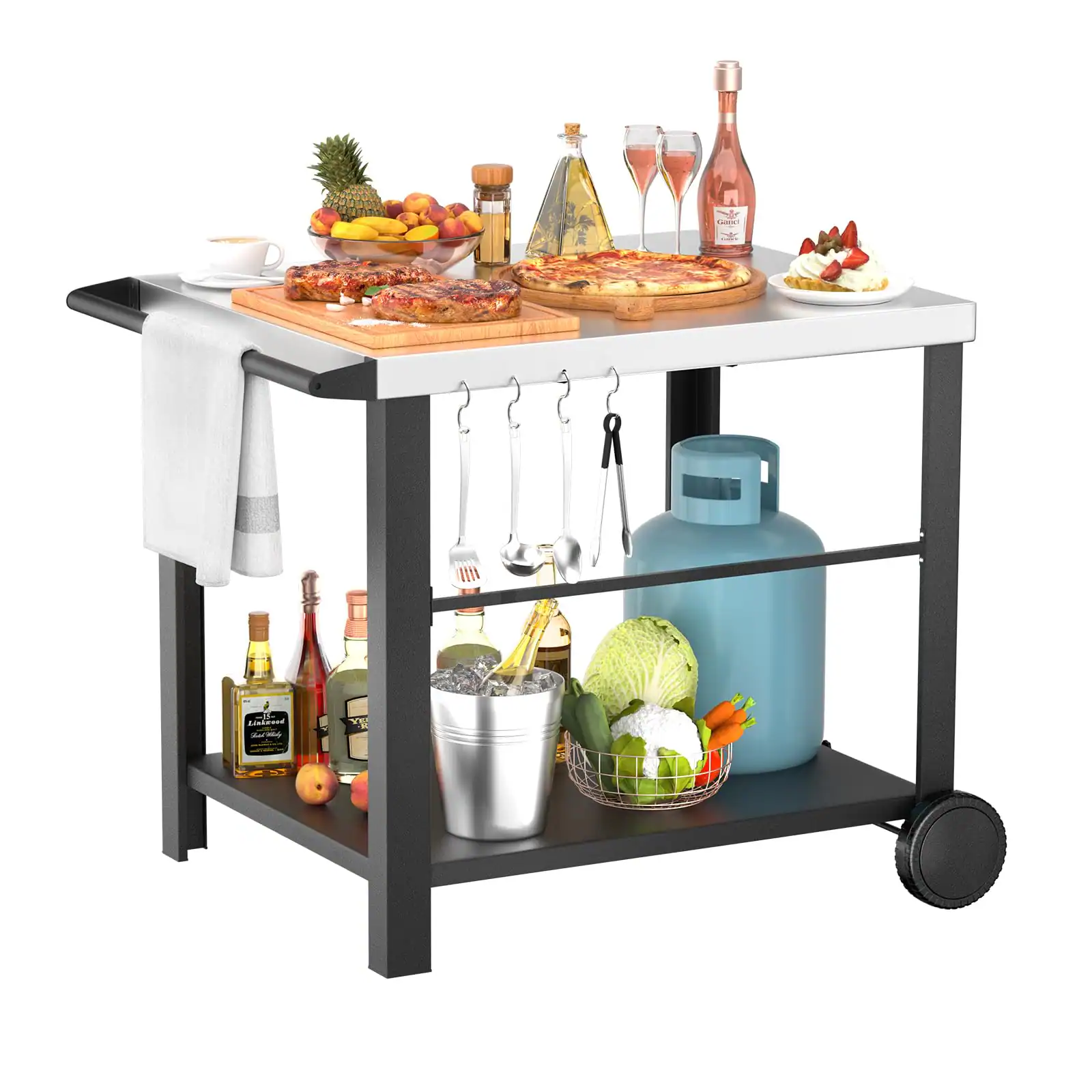 Front. JETRANSPORT - Outdoor Kitchen Island Grill Table Cart With Drawer Pizza Oven Stand Movable 3-shelf Prep Side For - Black 24 4 W 38 3 L 30 9 H.