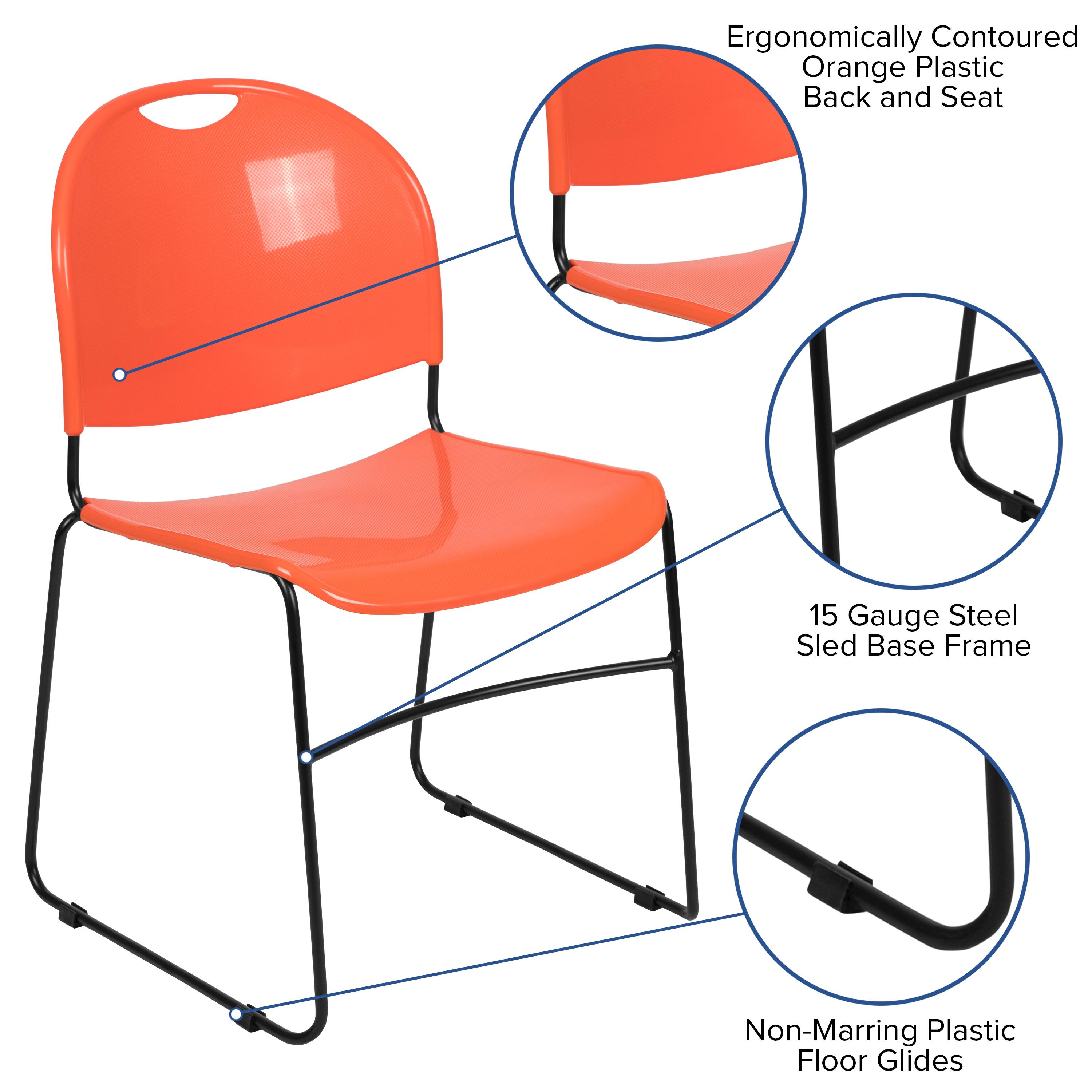 Ergonomically Contoured Orange Plastic Back and Seat  
15 Gauge Steel Sled Base Frame  
Non-Marring Plastic Floor Glides