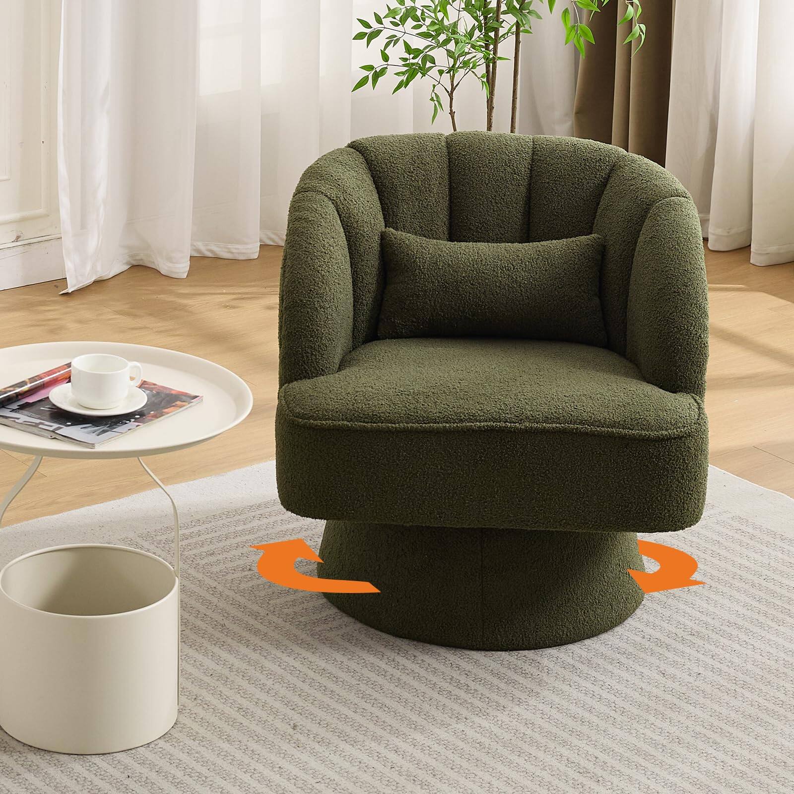 Front. Jojoka - Modern 360° Swivel Barrel Accent Chair with Velvet Upholstery, Plush Cushion, Curved Back & Reinforced Base - Teddy - Green.