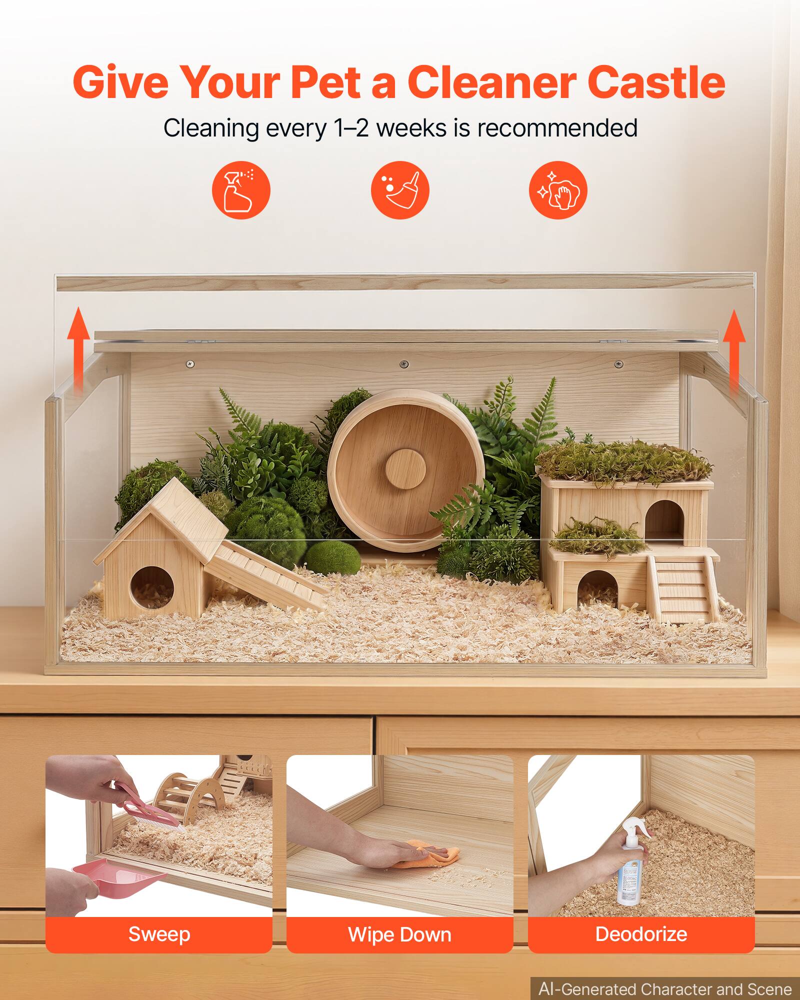 Give Your Pet a Cleaner Castle  
Cleaning every 1-2 weeks is recommended  
Sweep  
Wipe Down  
Deodorize  

AI-Generated Character and Scene