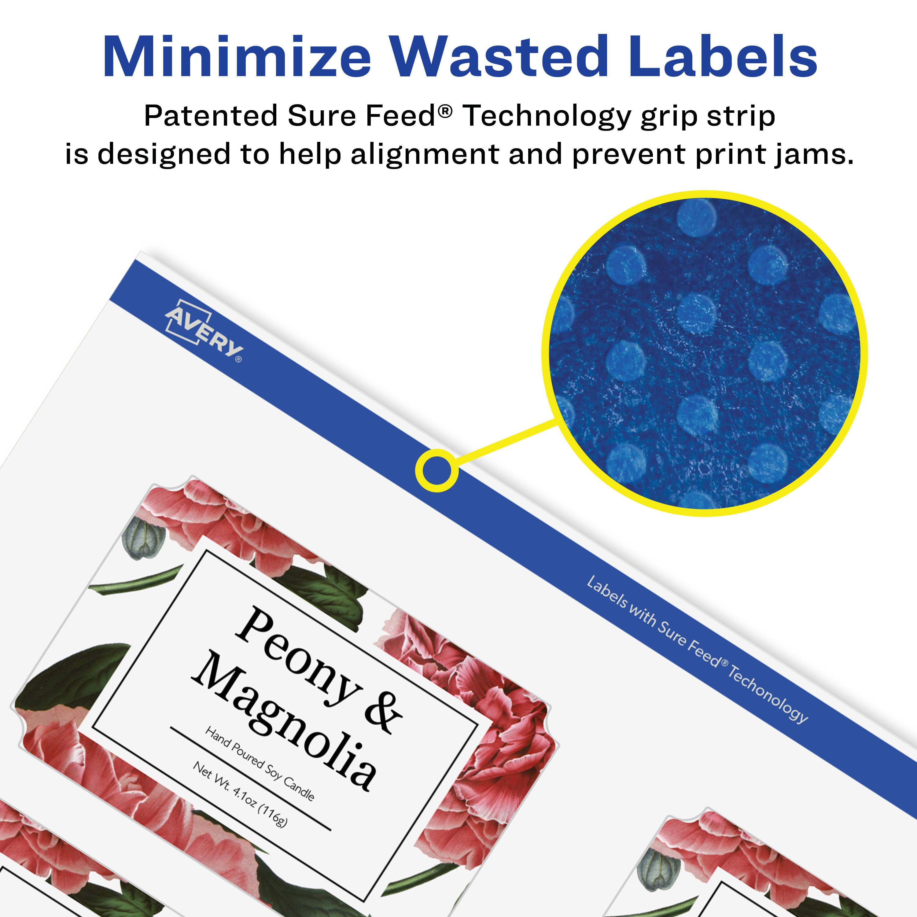 Minimize Wasted Labels

Patented Sure Feed® Technology grip strip is designed to help alignment and prevent print jams.

AVERY Peony & Magnolia Net Hand Wt. Poured 4.1oz Soy Candle (116g)

Labels with Sure Feed® Technology