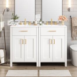 Boyel Living - 48 Inch Double Bathroom Vanity with Dual Ceramic Sinks, Soft-Close Doors, Flip Drawer, Gold Handles, Adjustable Shelf - White