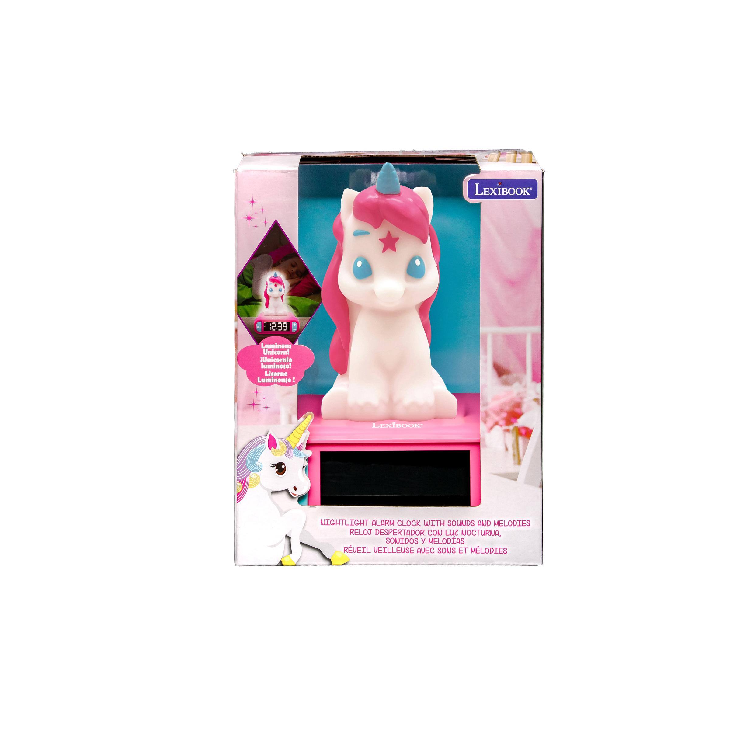 LEXIBOOK  
2:39 C-DD  
Luminous Unicorn! Unicornio luminoso! Licorne Lumineuse!  
LEXIBOOK  
NIGHTLIGHT ALARM CLOCK WITH SOUNDS AND MELODIES  
RELOJ DESPERTADOR CON LUZ NOCTURNA, SONIDOS Y MELODIAS  
RVEIL VEILLEUSE AVEC SONS ET MELODIAS