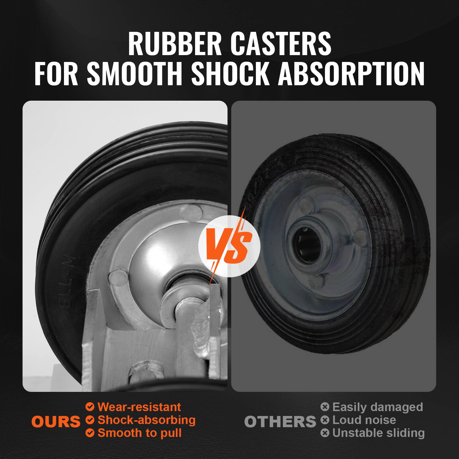 RUBBER CASTERS FOR SMOOTH SHOCK ABSORPTION

OURS
- Wear-resistant
- Shock-absorbing
- Smooth to pull

VS

OTHERS
- Easily damaged
- Loud noise
- Unstable sliding