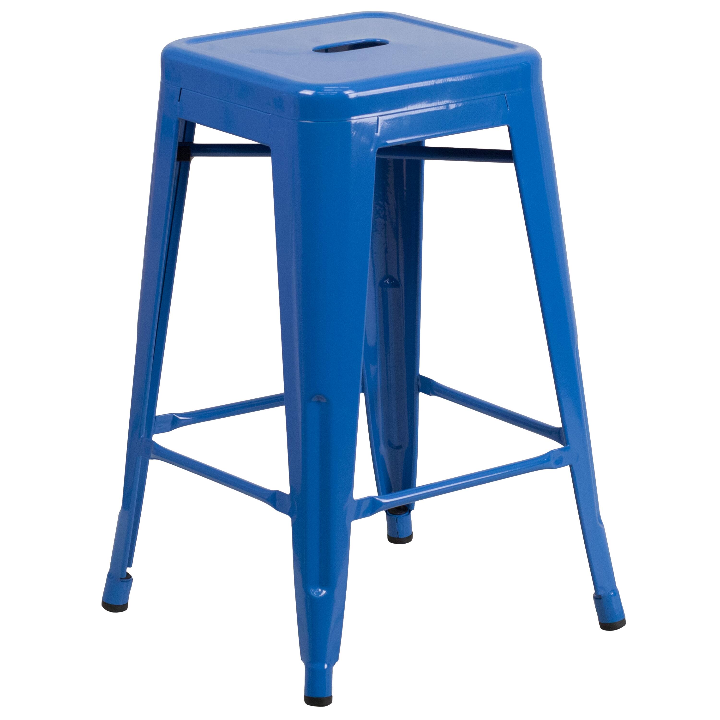 Emma + Oliver - Commercial Grade 24"H Backless Metal Indoor-Outdoor Counter Stool w/ Square Seat - Blue