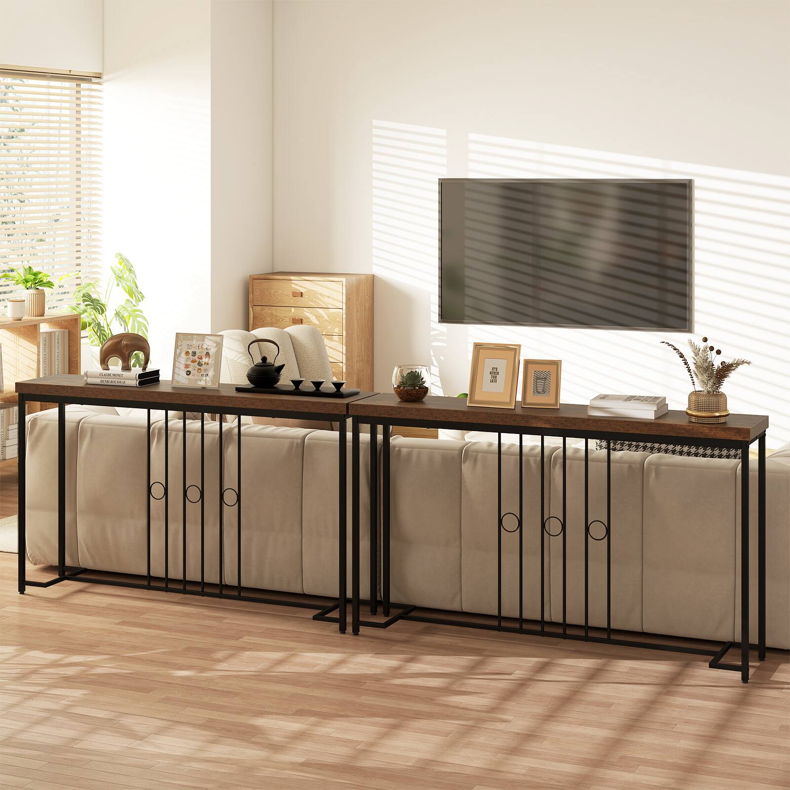 Alt View 9. Gymax - Gymax Industrial Console Table 55'' Narrow Table w/ H-Shaped Base & Spacious Tabletop - Brown.