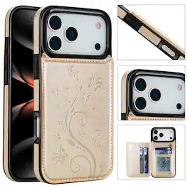 Dteck - For Apple iPhone 17 Pro Max Wallet Case Flower Embossed Pattern PU Leather Card Slots Flip Kickstand Shockproof Cover - Gold