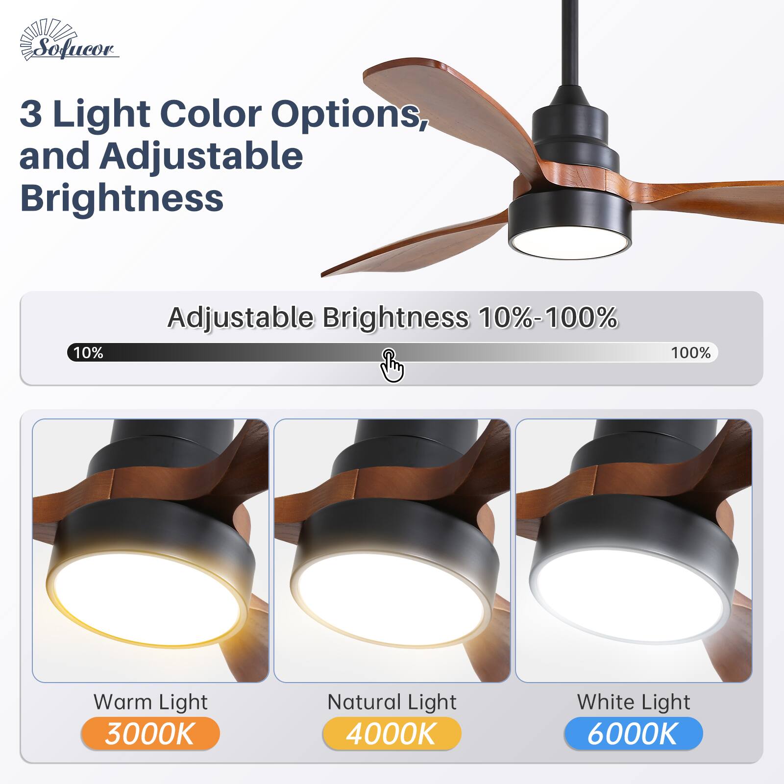 3 Light Color Options, and Adjustable Brightness

Adjustable Brightness 10%-100%

Warm Light 3000K  
Natural Light 4000K  
White Light 6000K