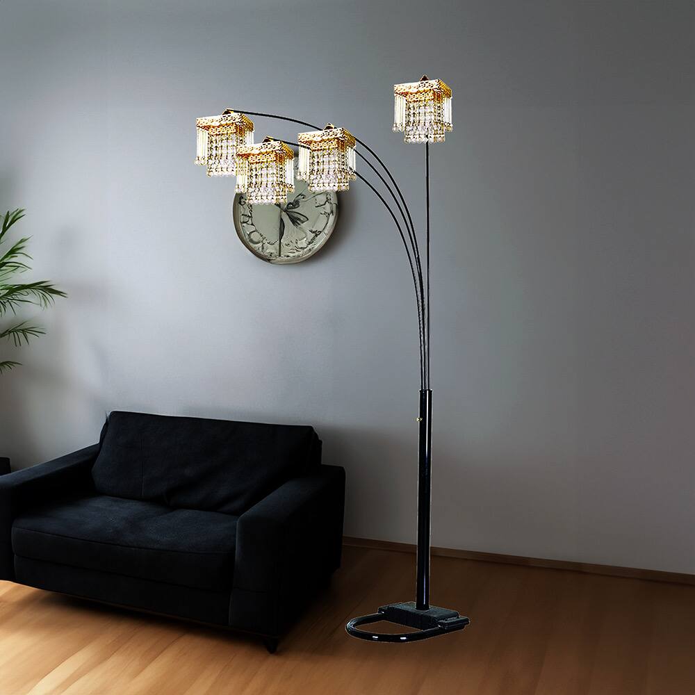 APRILSOUL - Black 4-SQUARE SHADE CRYSTAL INSPIRED ARCH FLOOR LAMP - Black+Gold
