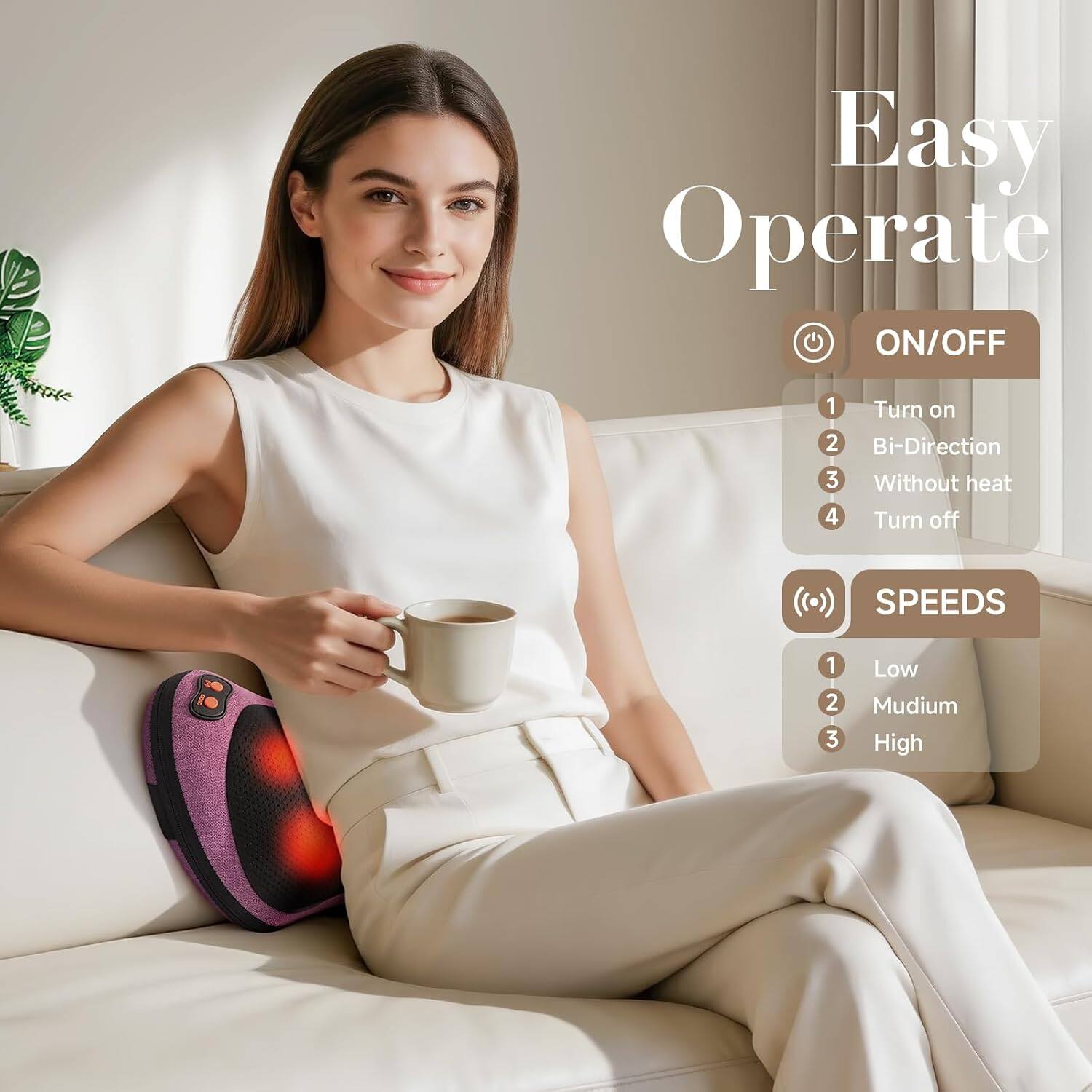 Easy Operate ON/OFF
1. Turn on
2. Bi-Direction
3. Without heat
4. Turn off

SPEEDS
1. Low
2. Medium
3. High