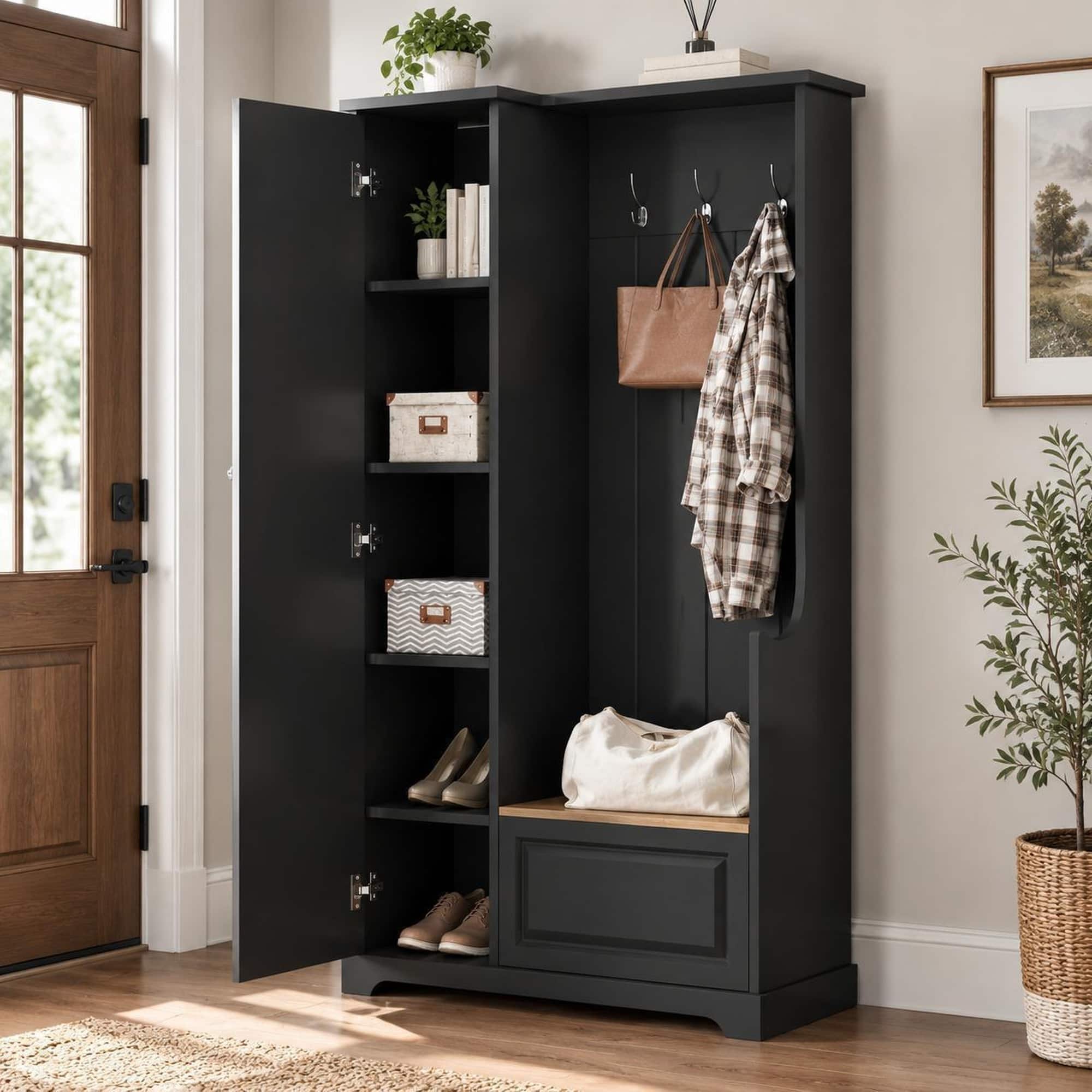 RYHNUYNE - Hall Tree, Flip-Up Bench, 4 Shelves, 3 Hooks, MDF, Particle Board, 70.35 in Tall, Entryway and Mudroom Storage - Black