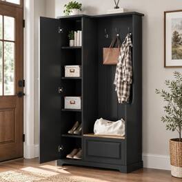 RYHNUYNE - Hall Tree, Flip-Up Bench, 4 Shelves, 3 Hooks, MDF, Particle Board, 70.35 in Tall, Entryway and Mudroom Storage - Black