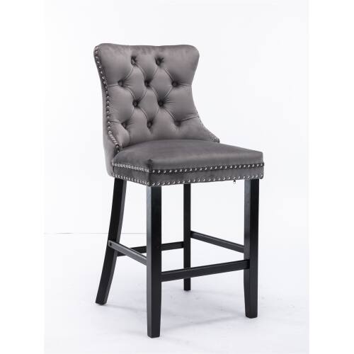 Left. LUCKY ONE - Assembled Velvet Bar Stool Set of 2 with Button Tufted Wood Legs Chrome Nailhead Trim - Gray.