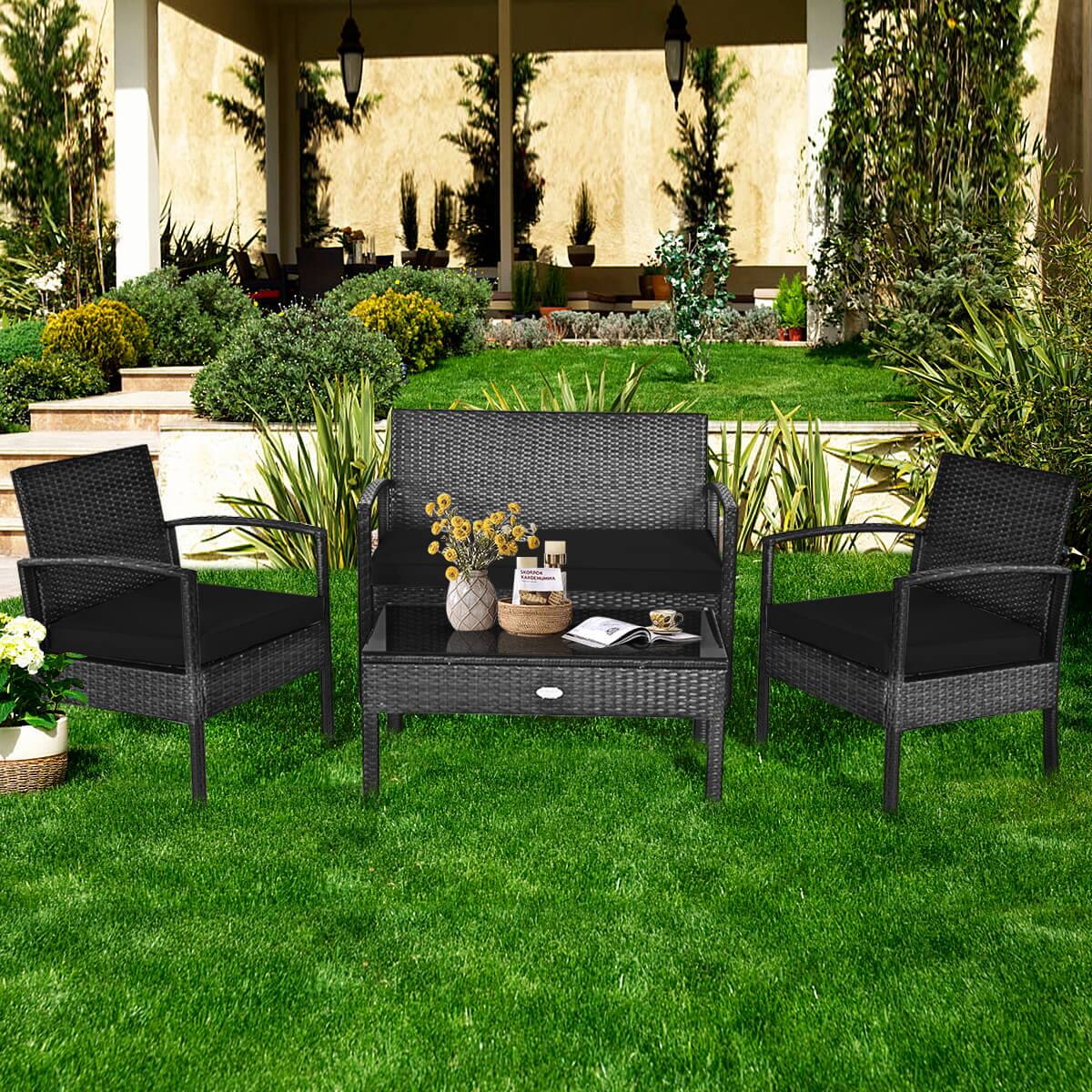 Alt View 3. Costway - Costway 4 PCS Outdoor Patio Rattan Furniture Set Cushioned Sofa Coffee Table Garden Deck - Black.