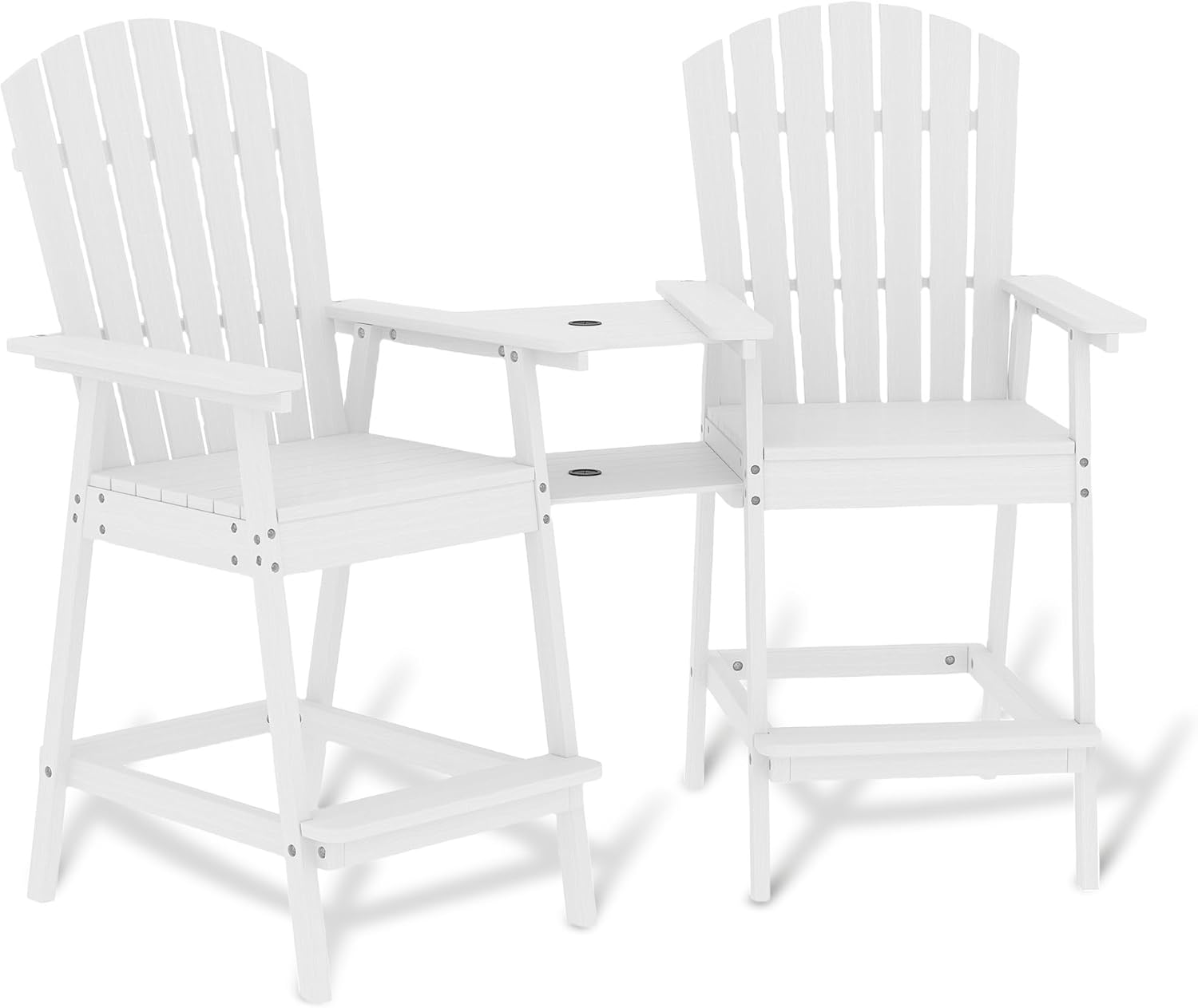 Angle. Acekool - Outdoor Bar Height Adirondack Chairs Set of 2, Solid Wood, Tray with Umbrella Hole, Footrest, Patio Balcony, White - White.
