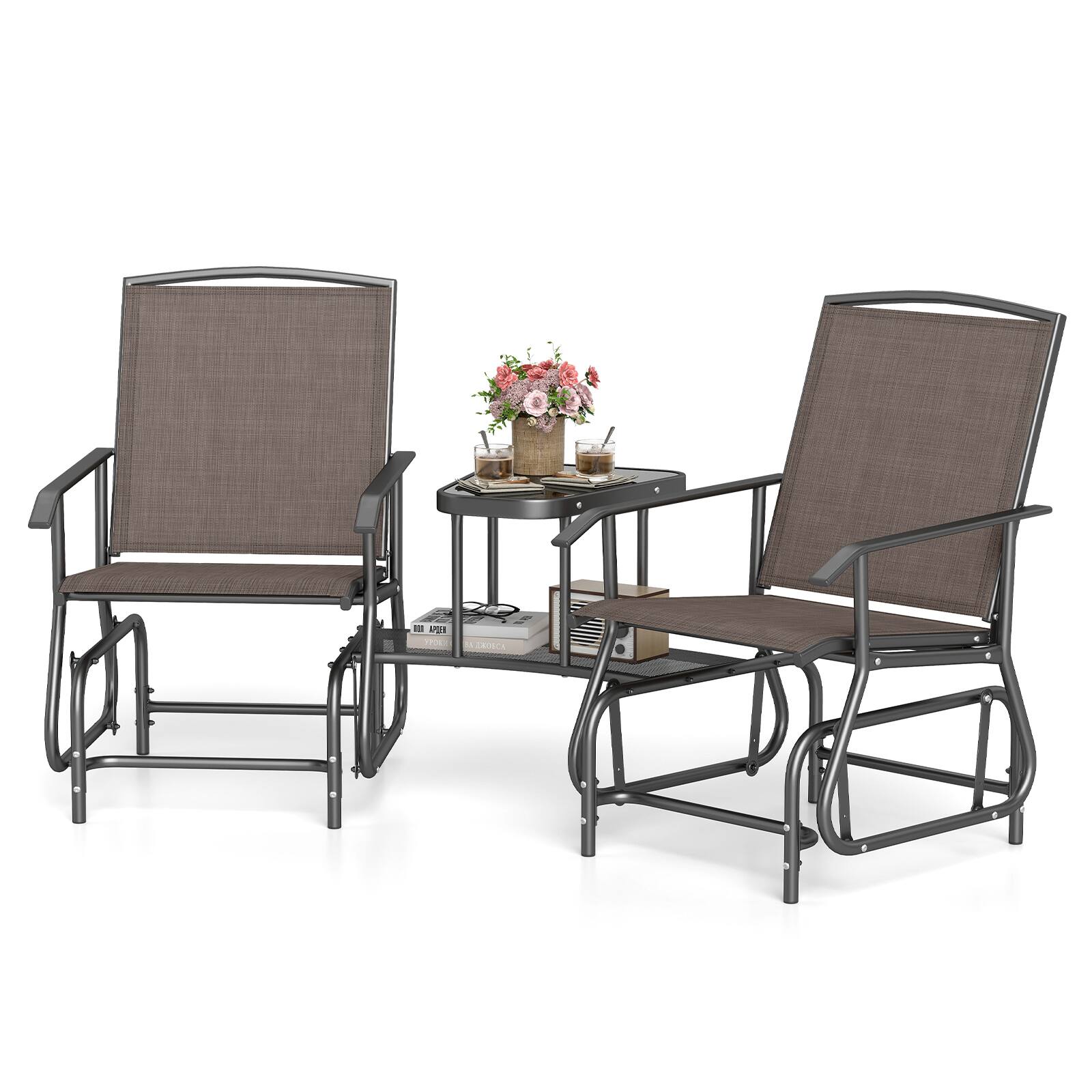 Alt View 1. Costway - Costway Outdoor Bistro Sets Double Swing Glider Chair Rocker Glass Table Umbrella Hole - Brown.