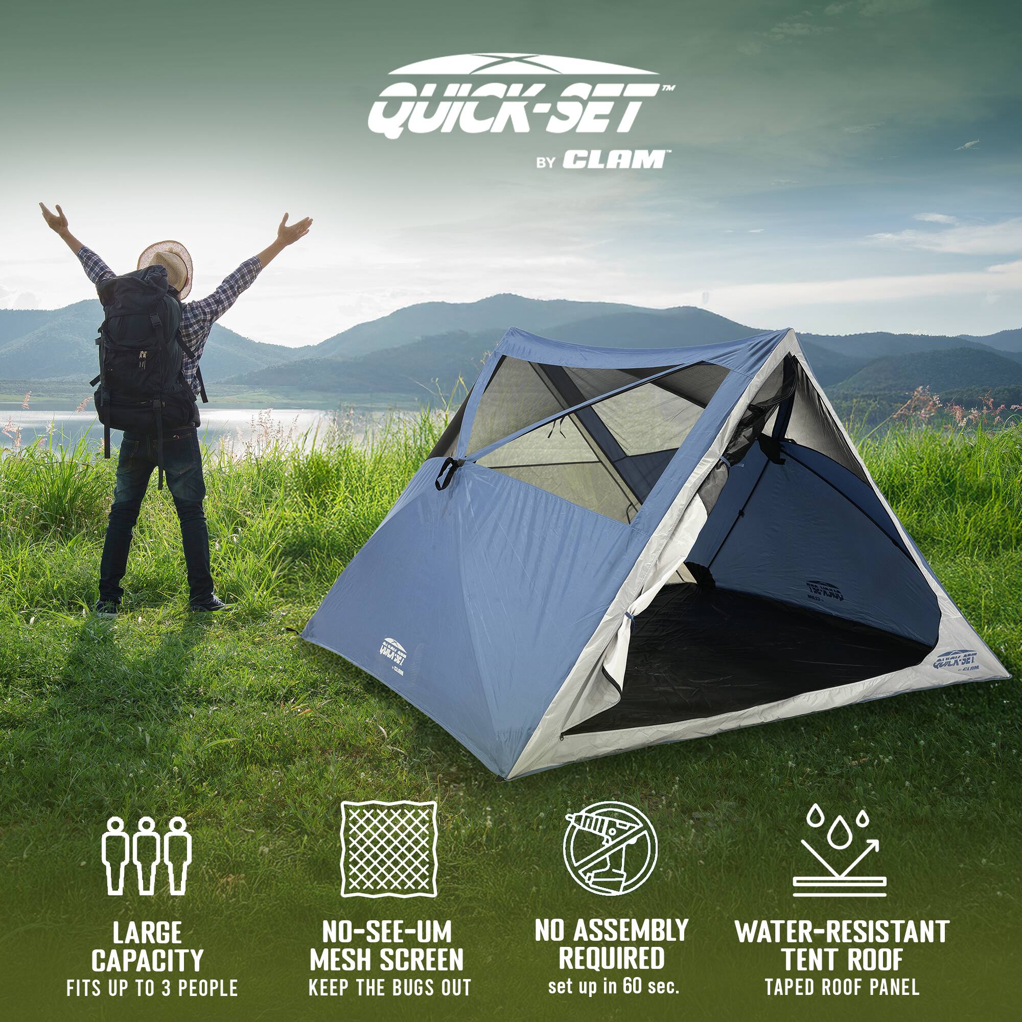 Sure, here is the corrected and grouped text from the image:

---

**QUICK-SET™ by CLAM**

- **LARGE CAPACITY**  
  Fits up to 3 people

- **NO-SEE-UM MESH SCREEN**  
  Keep the bugs out

- **NO ASSEMBLY REQUIRED**  
  Set up in 60 sec.

- **WATER-RESISTANT TENT ROOF**  
  Taped roof panel

---

This text highlights the key features of the tent, emphasizing its capacity, mesh screen, ease of setup, and water resistance.