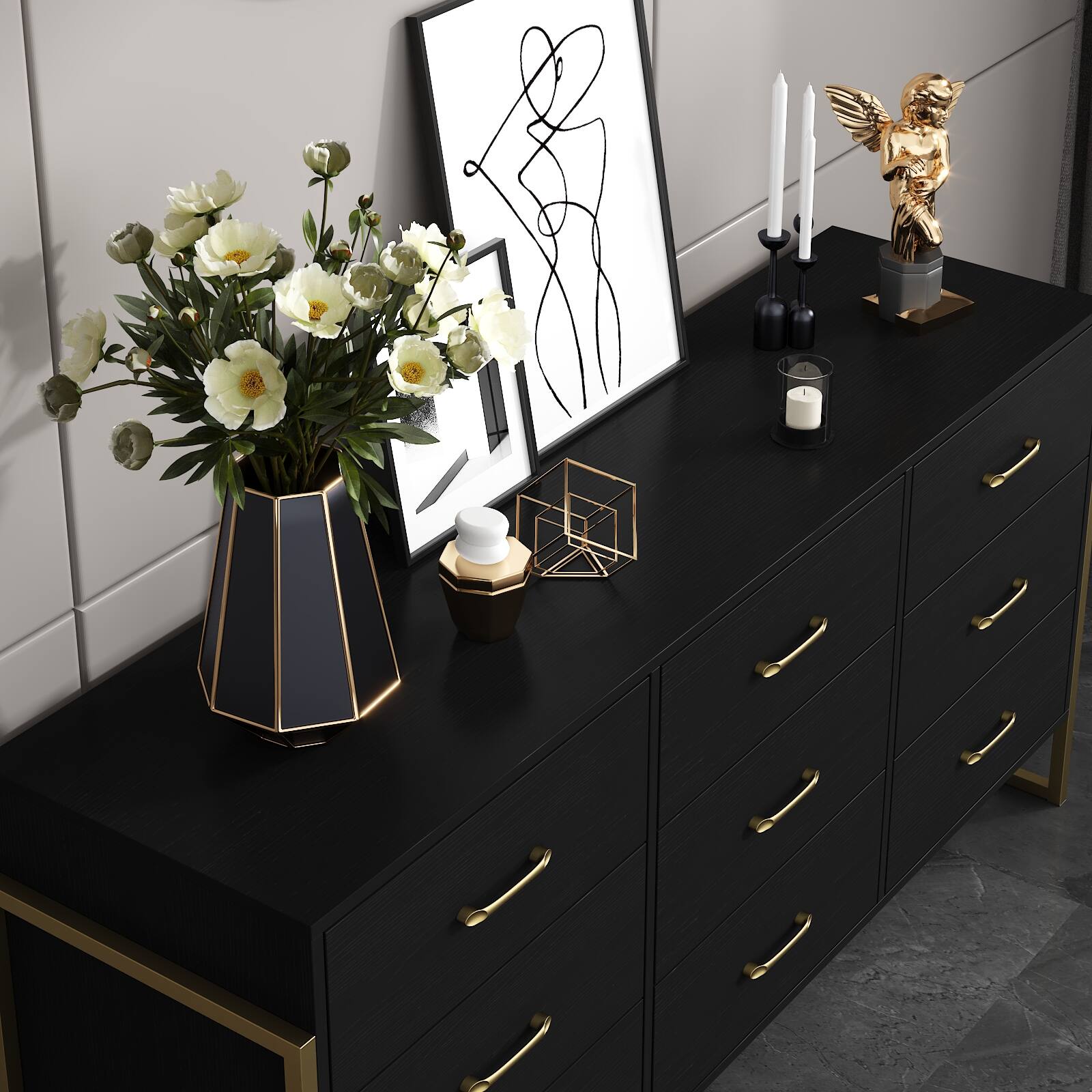 Alt View 2. FUFU&GAGA - FUFU&GAGA 9 - Drawer Horizontal Dresser – Black & Gold Accent Storage for Bedroom & Living Room - Black.