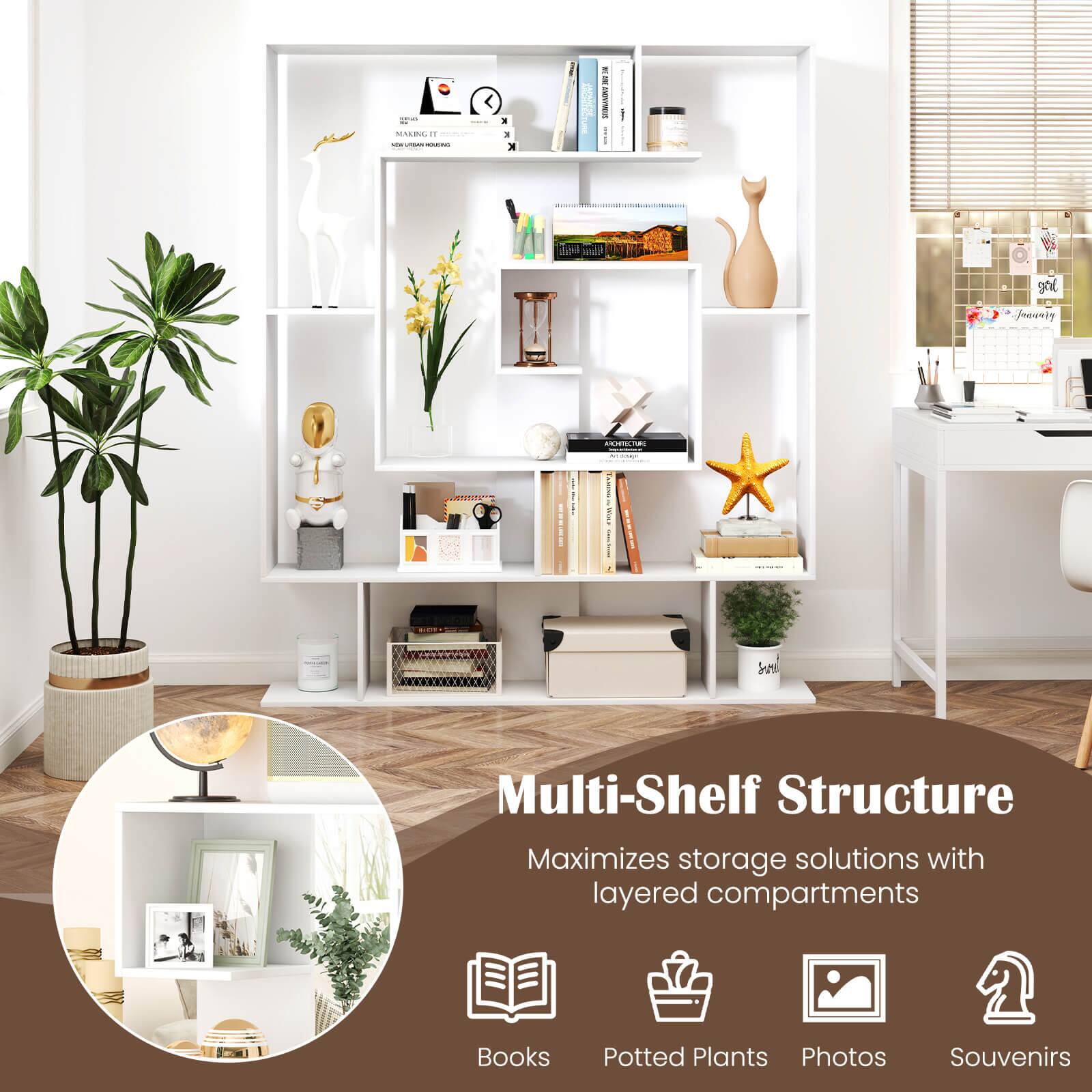 Multi-Shelf Structure  
Maximizes storage solutions with layered compartments  

Books  
Potted Plants  
Photos  
Souvenirs