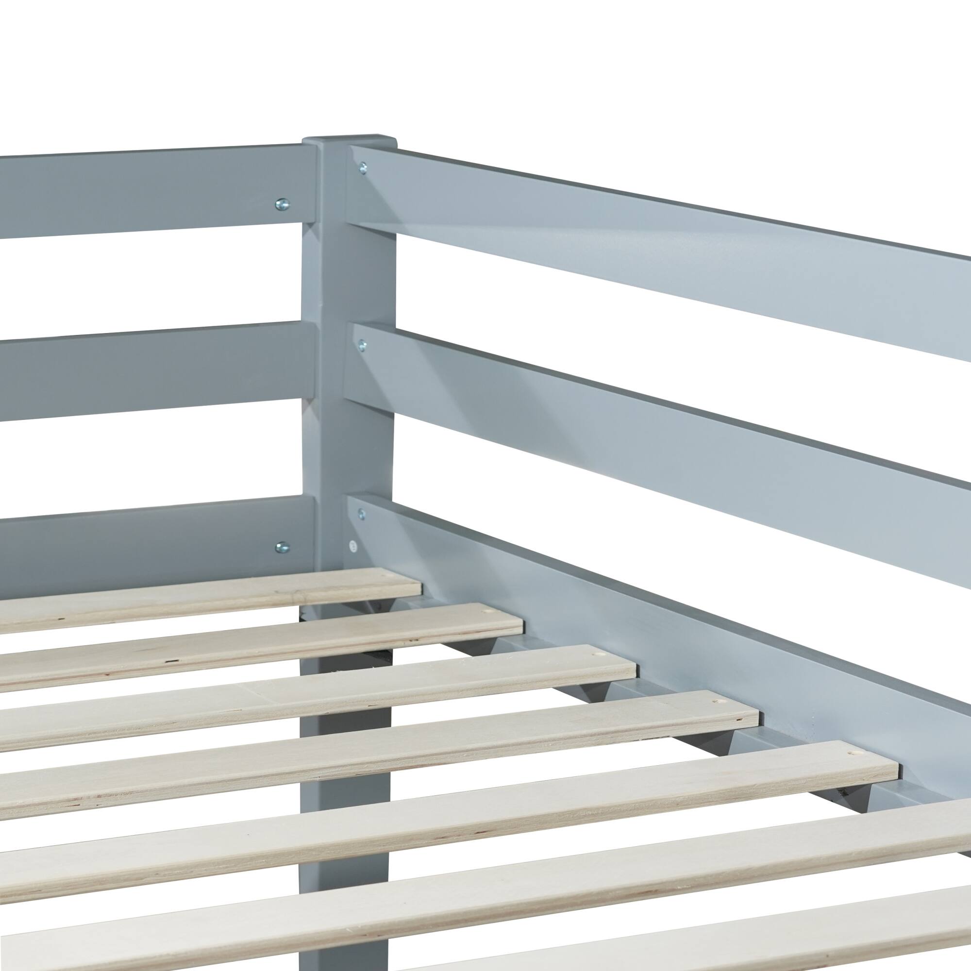 Back. GOODSILO - Solid Wood Twin Over Twin Floor Bunk Bed with Ladder and Strengthened Slats for Enhanced Stability - Grey.