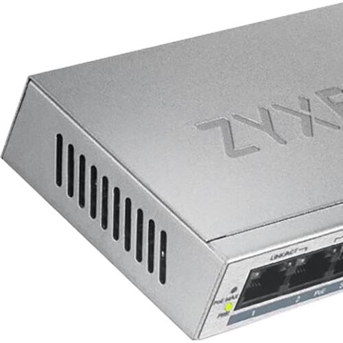 Alt View 2. ZYXEL - 5 Port Gigabit Ethernet Unmanaged POE+ Switch GS1005HP - Silver.