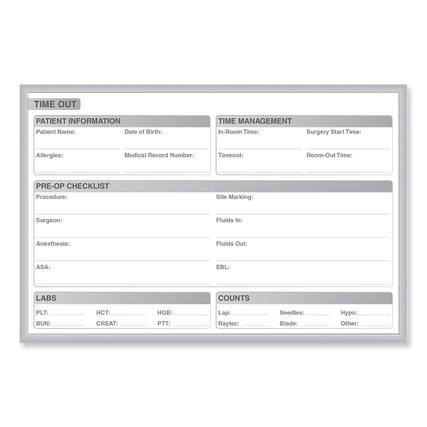 **TIME OUT**
**PATIENT INFORMATION**
- Patient Name:
- Date of Birth:
- Allergies:
- Medical Record Number:
**TIME MANAGEMENT**
- In-Room Time:
- Surgery Start Time:
- Timeout:
- Room-Out Time:
**PRE-OP CHECKLIST**
- Procedure:
- Site Marking:
- Surgeon:
- Anesthesia:
- ASA:
- Fluids In:
- Fluids Out:
- EBL:
**LABS**
- PLT:
- HCT:
- HGB:
- BUN:
- CREAT:
- PTT:
**COUNTS**
- Lap:
- Needles:
- Hypo:
- Raytec:
- Blade:
- Other: