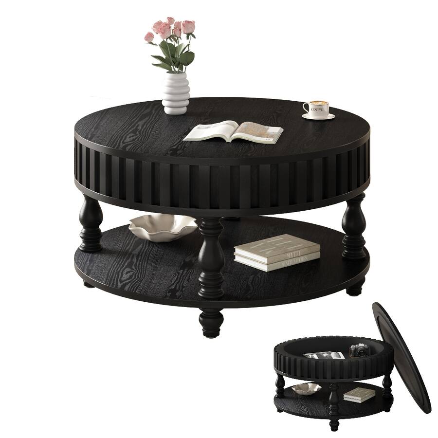 Wood Rounded Structures Loheer Fluted Coffee Table, Round Center Table with Storage, Solid Wood ...