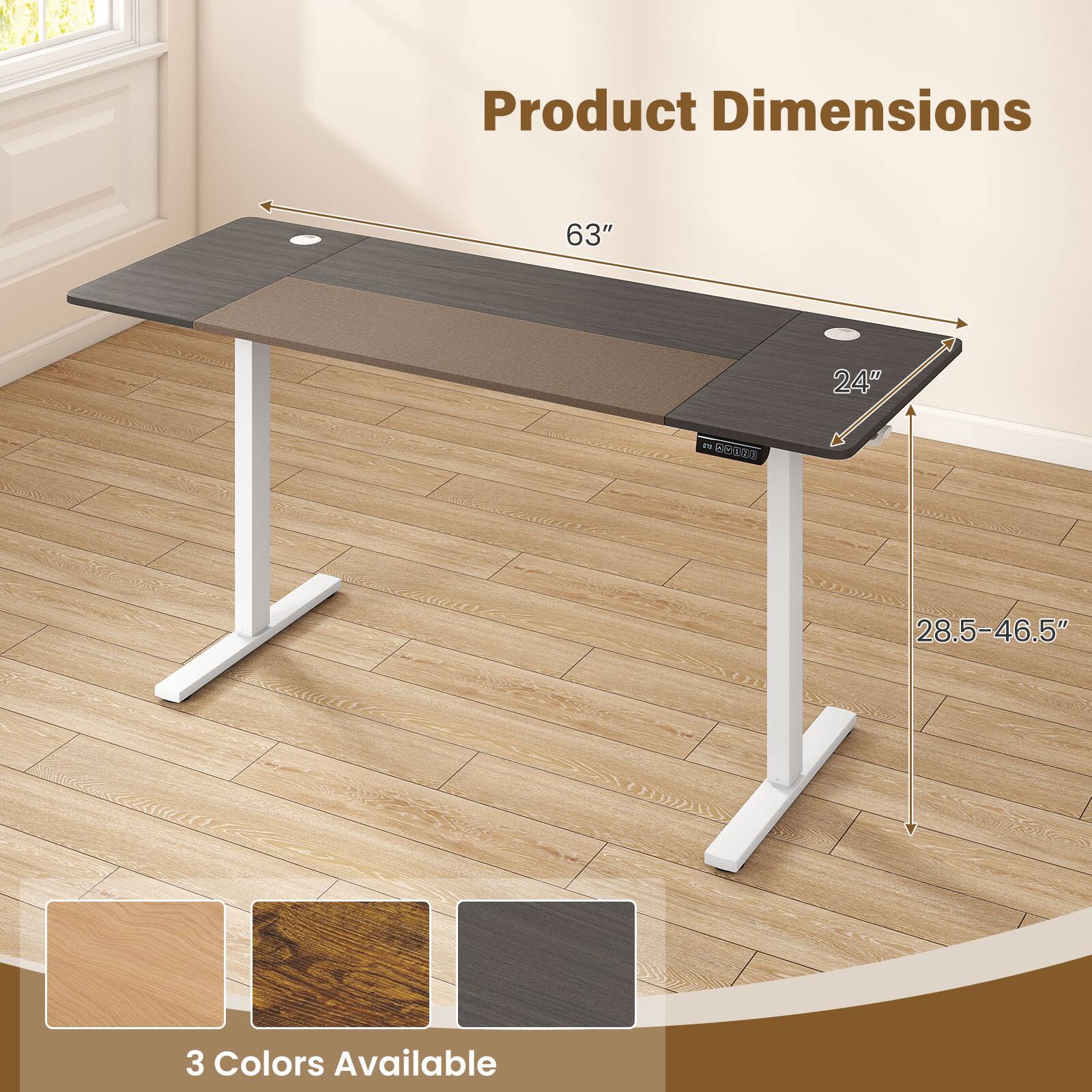 Product Dimensions: 63" x 24"  
Height: 28.5-46.5"  
3 Colors Available