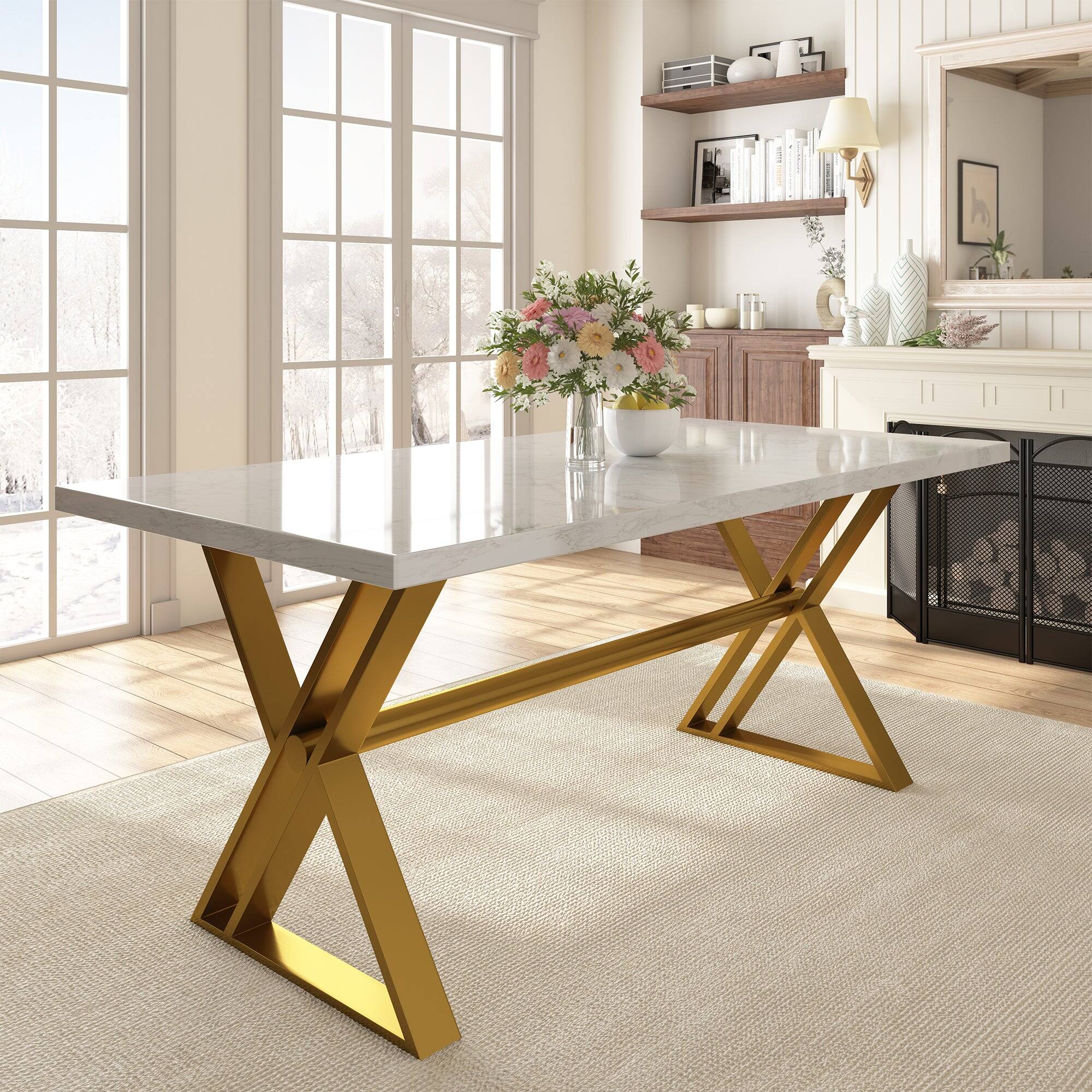Alt View 9. Boyel Living - White Marble 70.87 Inch Cross Legs Dining Table Seats 6 Modern Gold Stainless Steel Base - White.