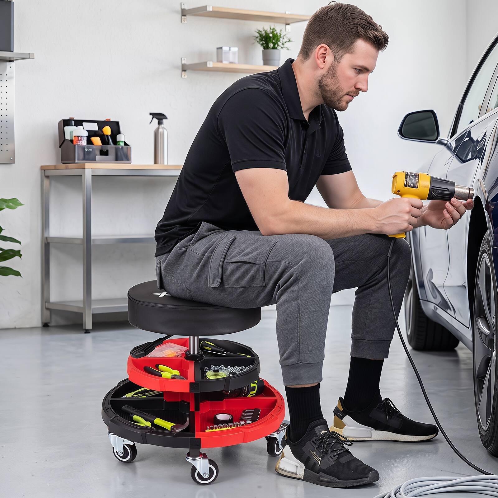 Alt View 3. Costway - Ironmax Rolling Mechanic Stool with Cushioned Seat, Dual Tool Trays, 5 Universal Wheels - Black and Red.