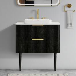 Boyel Living - 30 Inch Striped Oak Bathroom Vanity with Ceramic Sink, Freestanding Design, Modern Style, Pre-Assembled - Black