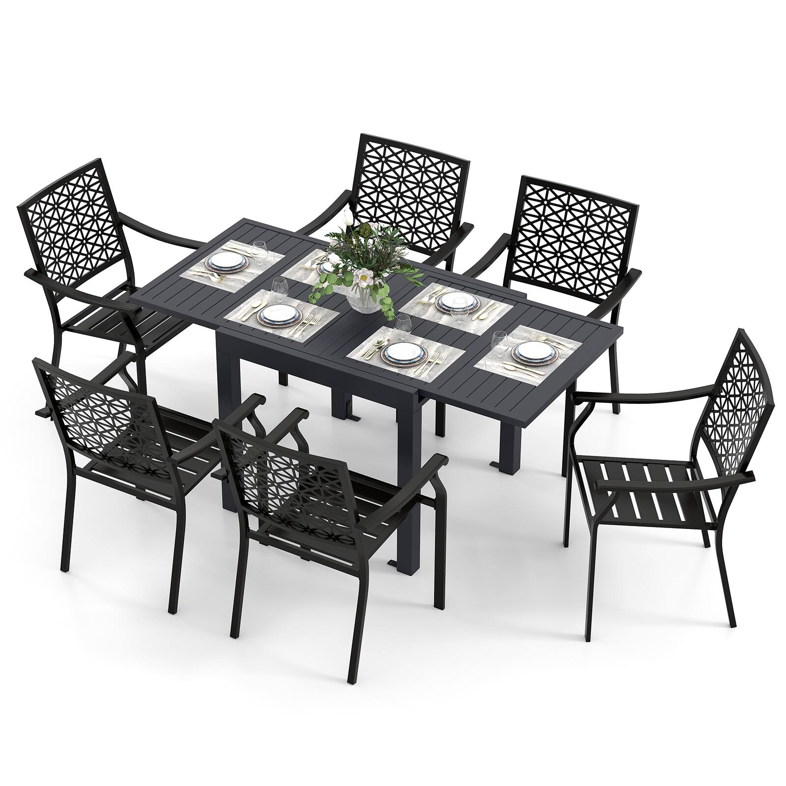 Alt View 9. Gymax - Gymax 7PCS Expandable Outdoor Dining Set w/Slatted Tabletop & Seats for Deck Garden - Black.