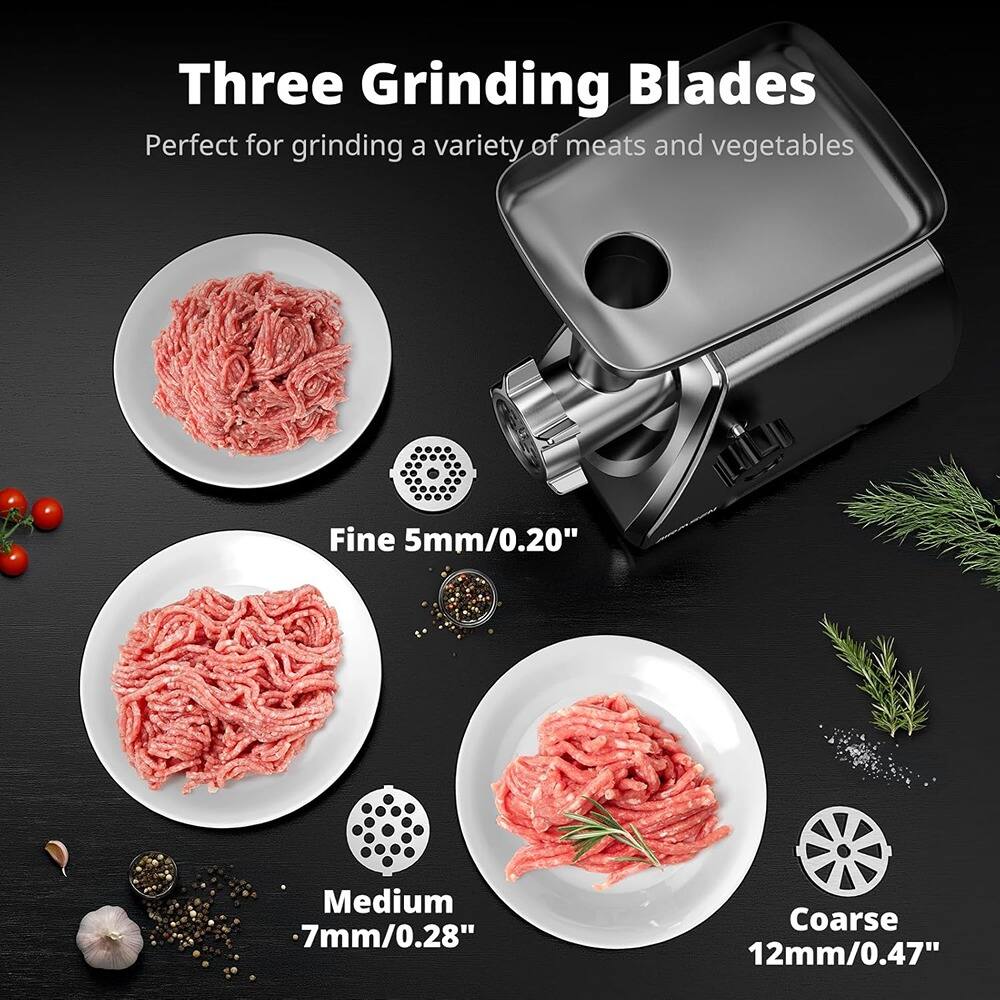 Three Grinding Blades  
Perfect for grinding a variety of meats and vegetables  

Fine 5mm/0.20"  
Medium 7mm/0.28"  
Coarse 12mm/0.47"