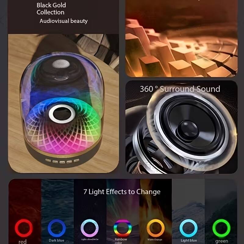 Black Gold Collection  
Audiovisual beauty  

360° Surround Sound  

7 Light Effects to Change  
- red  
- Dark blue  
- Rainbow color  
- Warm Orange  
- Light blue  
- green