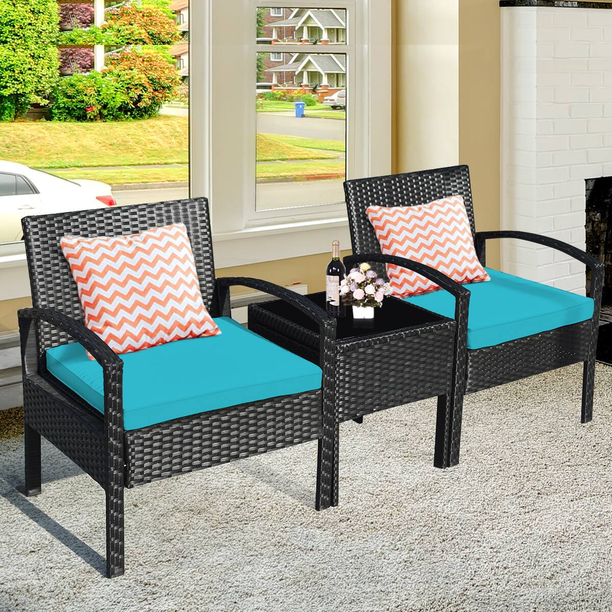 Alt View 4. Costway - Costway Rattan Patio Furniture Set 3 Pieces, Wicker Conversation Set with Tempered Glass Coffee Table - Turquoise.