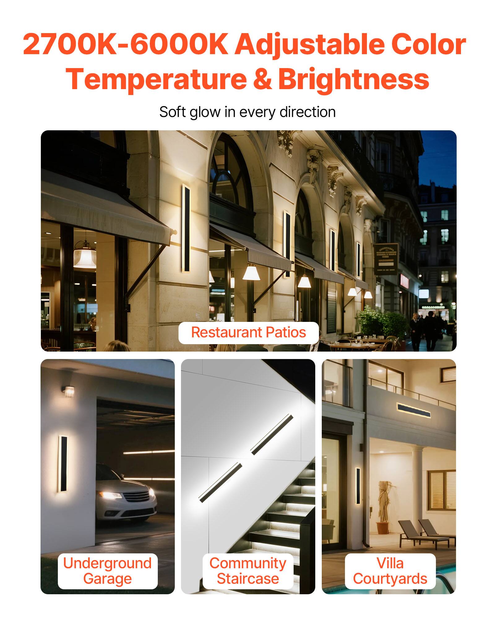 2700K-6000K Adjustable Color Temperature & Brightness  
Soft glow in every direction  

Restaurant Patios  

Underground Garage  

Community Staircase  

Villa Courtyards
