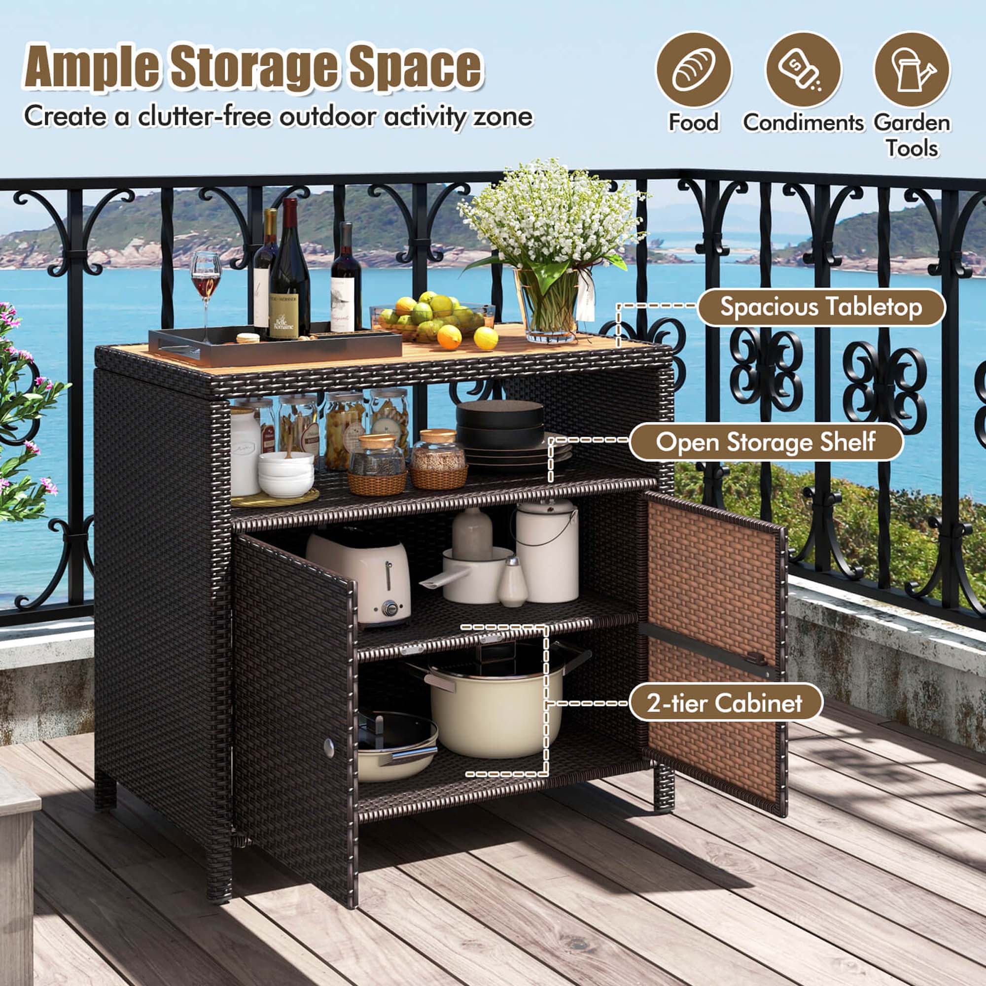 Ample Storage Space: Create a clutter-free outdoor activity zone. Food Condiments Garden Tools Spacious Tabletop Open Storage Shelf 1 2-tier Cabinet ...
