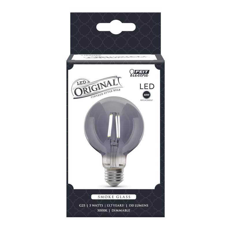 FEIT Electric LED Original Vintage Style Bulb  
40W Replacement  
Smoke Glass G25  
5 Watts  
13.7 Years  
150 Lumens  
5000K  
Dimmable