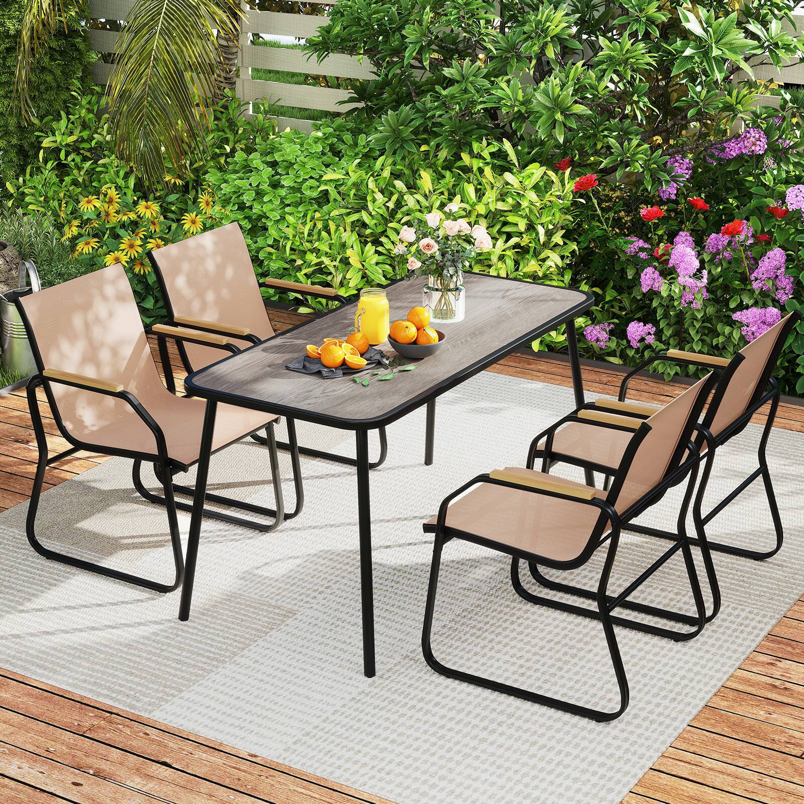 Alt View 1. Gymax - Gymax 5 PCS Patio Dining Set w/ Wood-like Armrests & Metal Frame for Garden Yard - Brown.