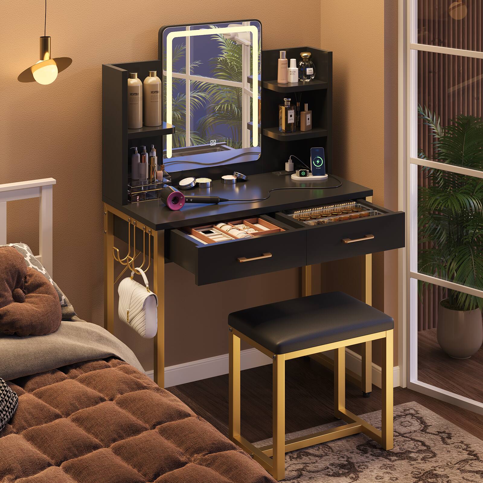 Alt View 1. Bestier - 31.3-in W Black Makeup Vanity with LED Mirror, Storage Drawers, Power Outlet and PU Leather Cushion Stool - Black.