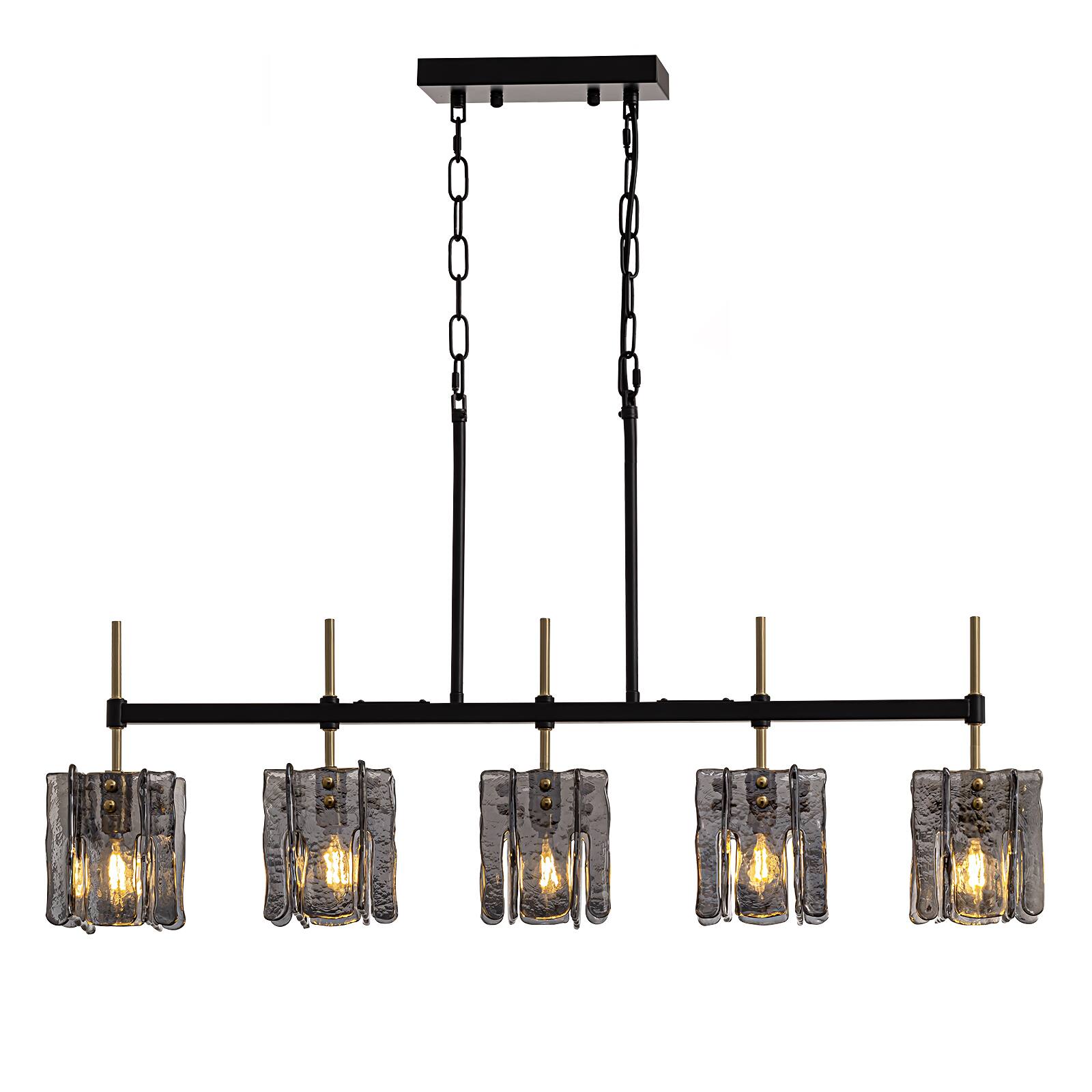Alt View 9. Siljoy - 36 in 5‑Light Linear Pendant, Black Metal Frame, Smoke Gray Textured Glass Shades, E12 Adjustable Height for Living Room - Black.