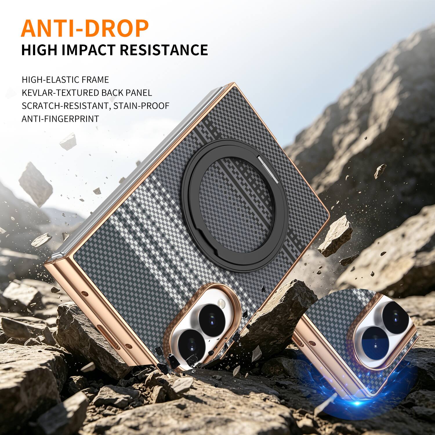 ANTI-DROP  
HIGH IMPACT RESISTANCE  

HIGH-ELASTIC FRAME  
KEVLAR-TEXTURED BACK PANEL  
SCRATCH-RESISTANT, STAIN-PROOF  
ANTI-FINGERPRINT