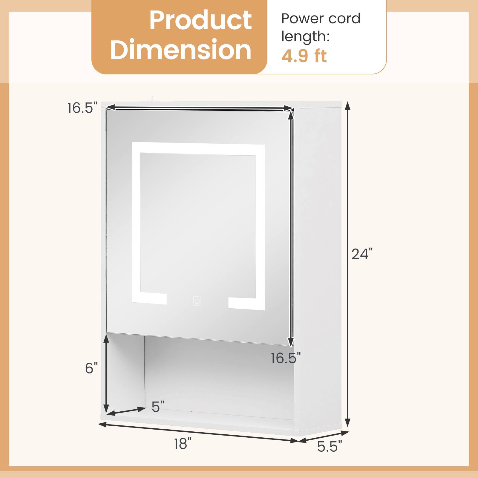 Product Power cord length: 4.9 ft  
Dimensions: 16.5" x 24" x 6" x 16.5" x 5" x 18" x 5.5"