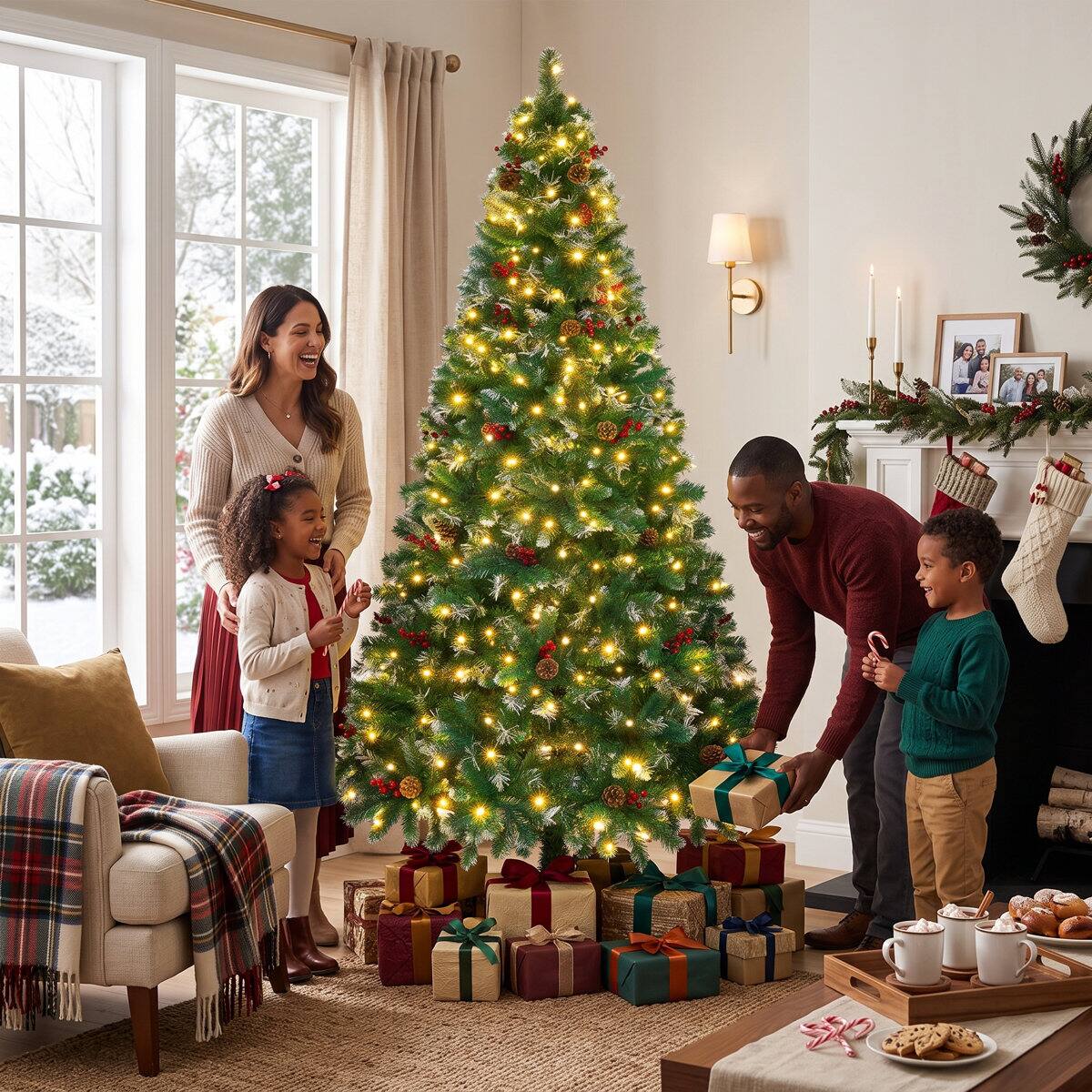 Left. Wisairt - 9FT Pre-Lit Artificial Christmas Tree, 2008 Tips Snow-Tipped Pine, 700 LED lights with 11 Modes Adjustable - Green.