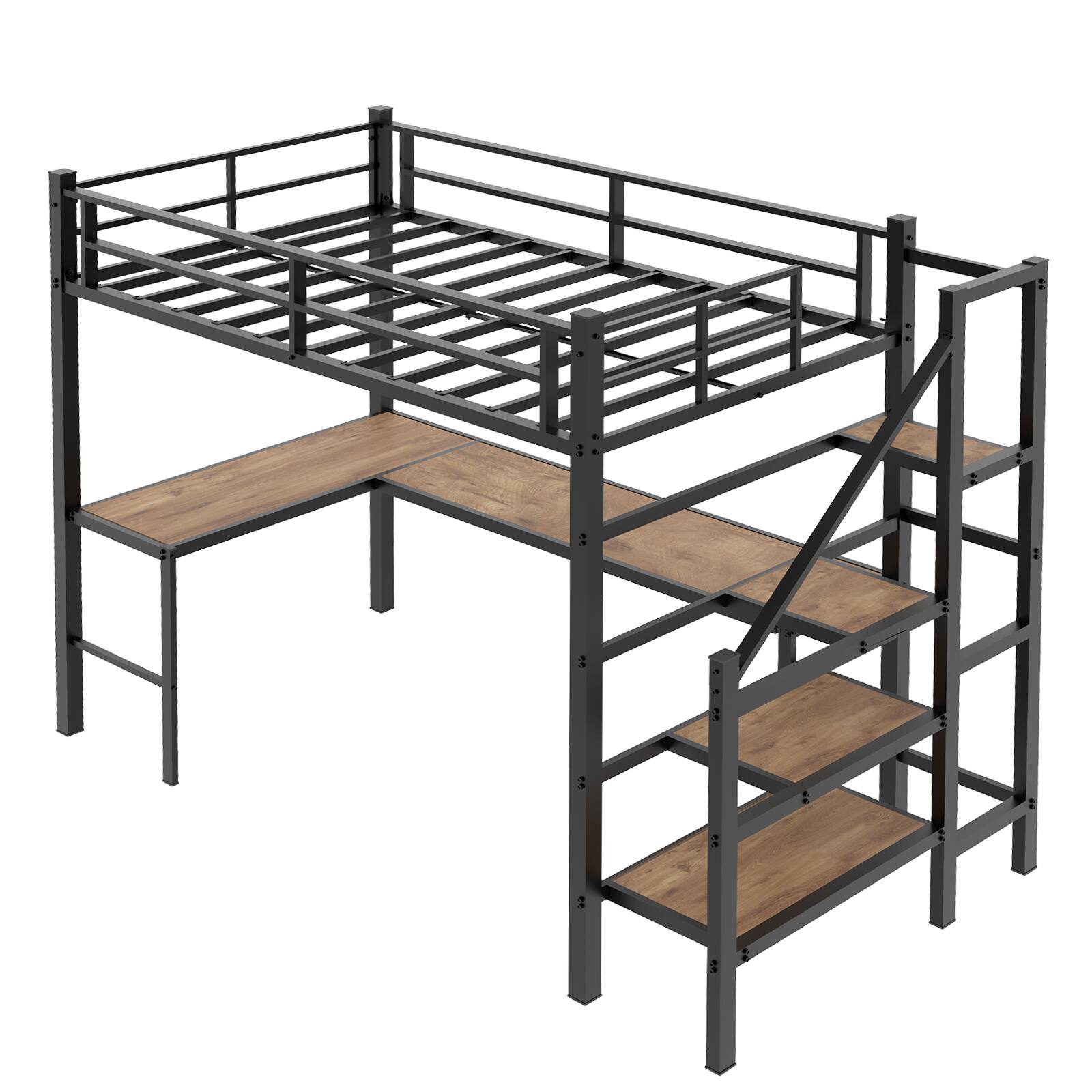 Back. Loheer - Loheer Twin Loft Bed with L Shaped Desk and Storage Stairs Sturdy Space Saving Frame No Box Spring Needed - Black.