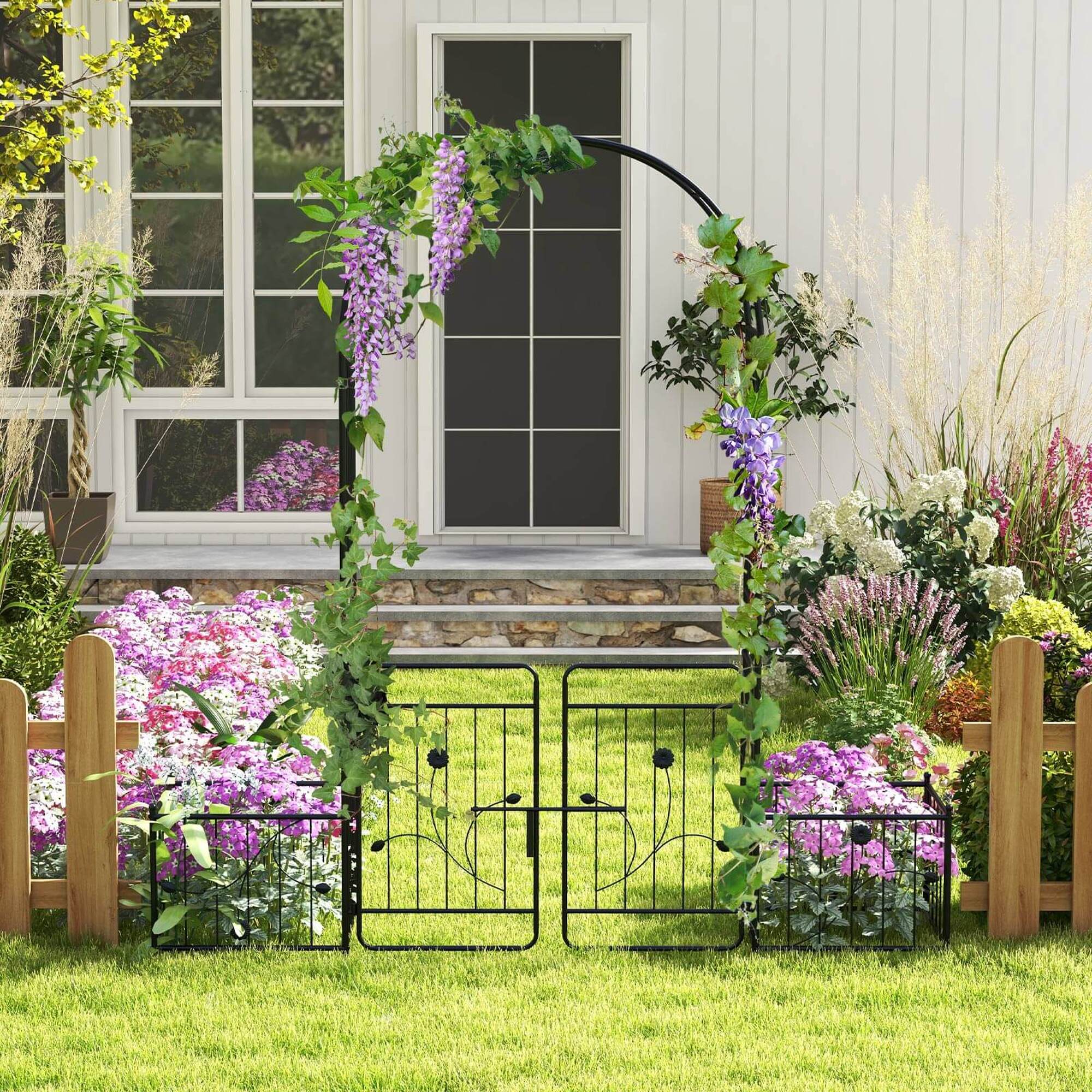 Alt View 3. Costway - 87" Garden Arbor Arched Lockable Gate Top Arbor Trellis with Side Planters - Black.