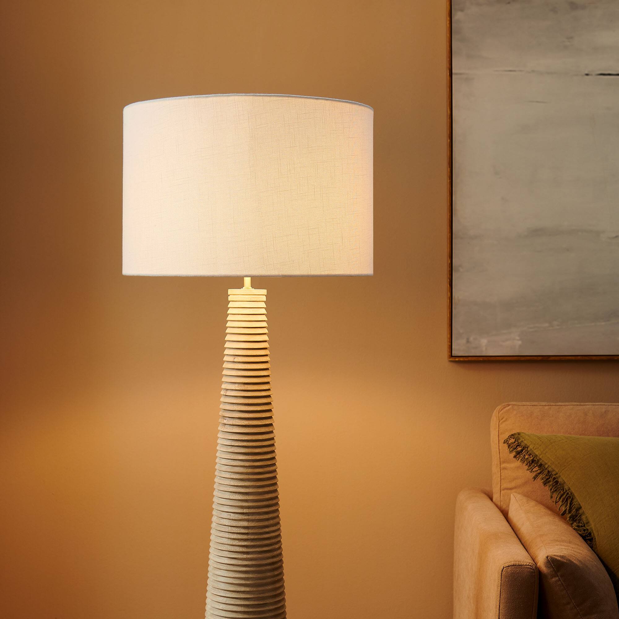 Alt View 2. Modway - Saylor Carved Ribbed Wood Floor Lamp With Drum Shade by Modway - White Gray.