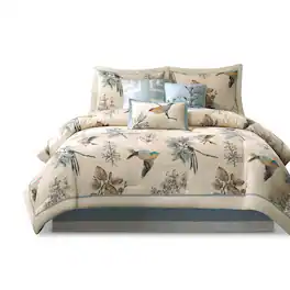 Gracie Mills - Carrie Classic Leaf and Bird Printed 7-Piece Comforter Set - Khaki