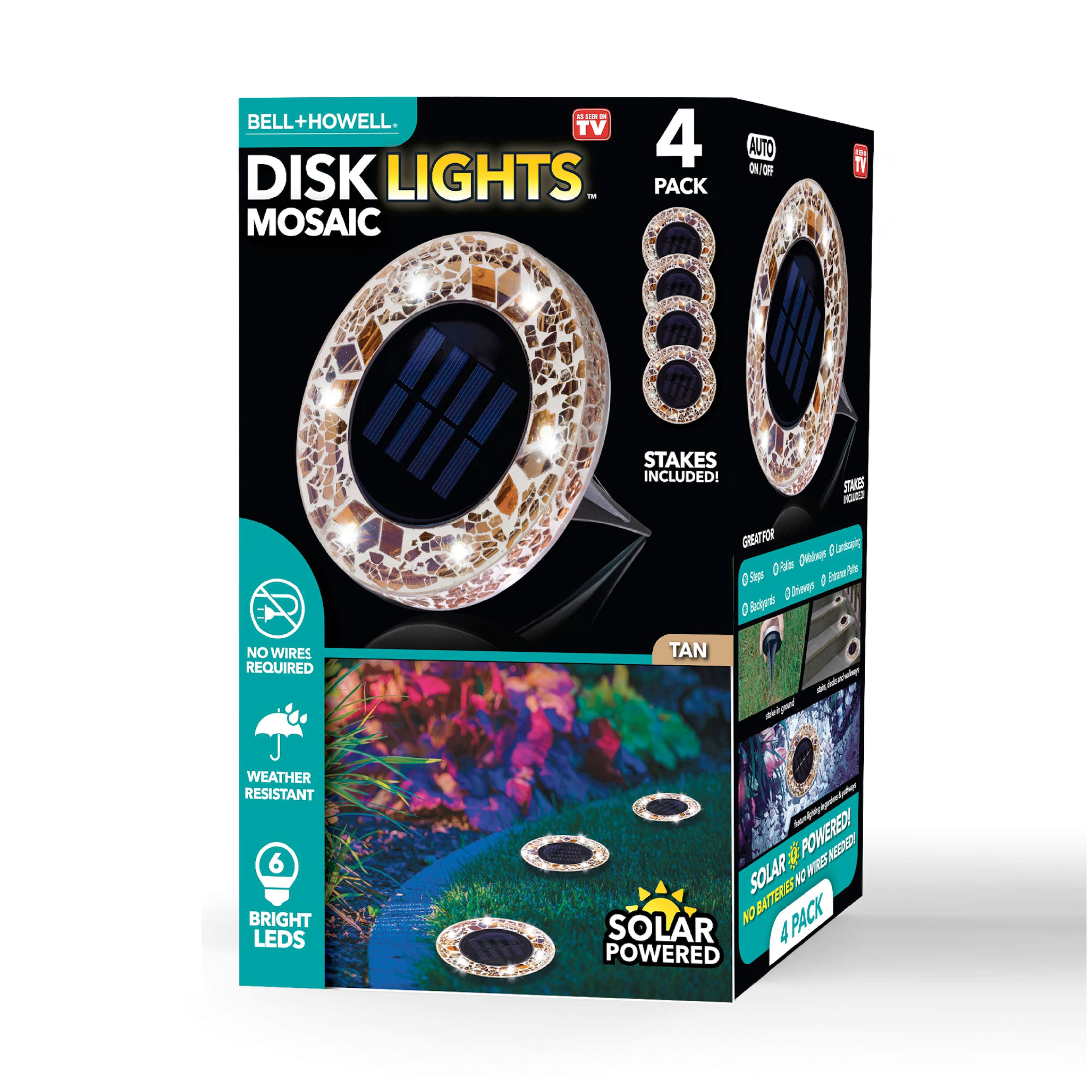 Bell + Howell - 6 LED Round Mosaic Solar Powered Disk Lights with Auto On/Off - 4 Pack